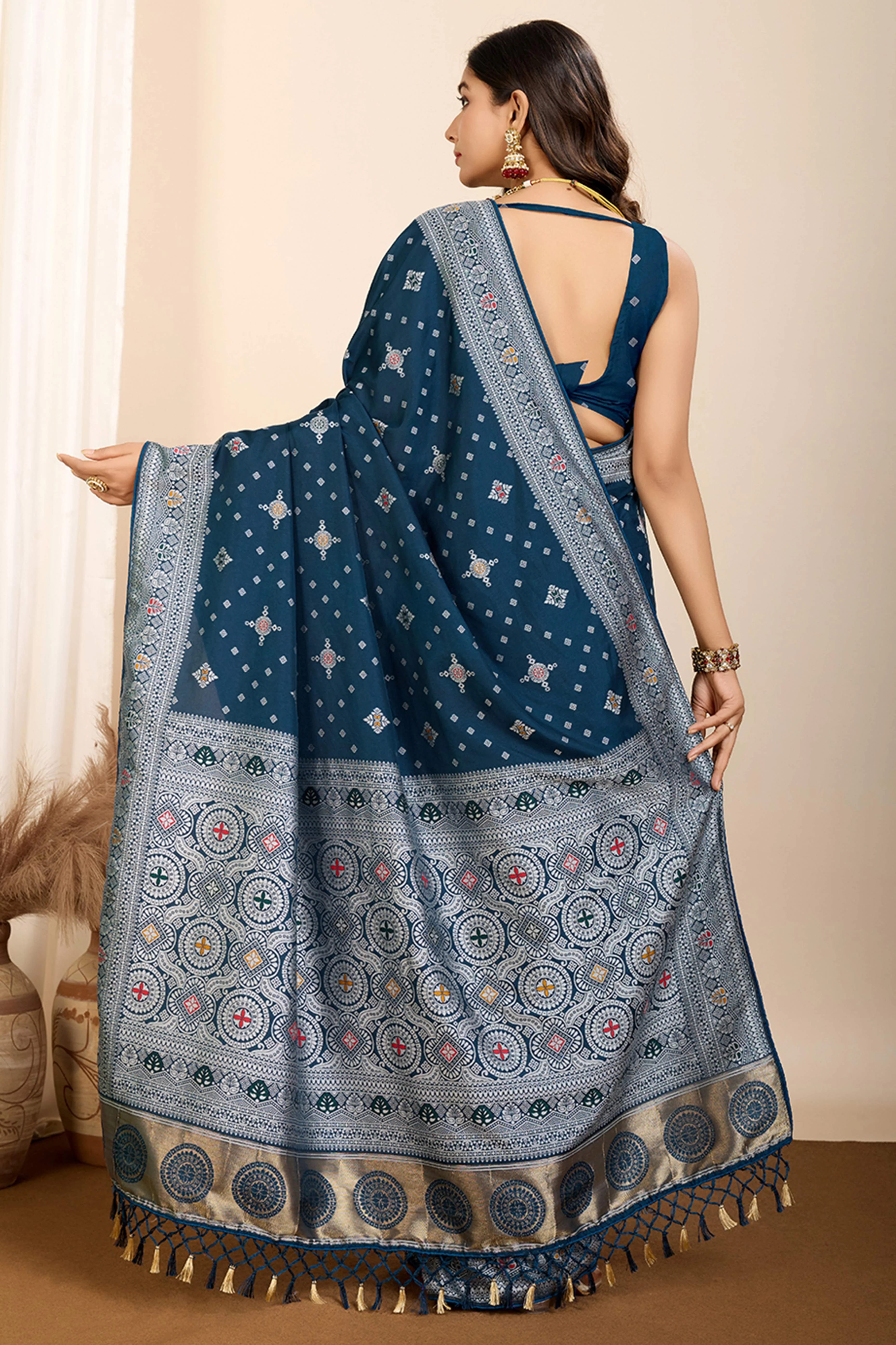 Teal Minakari Weaving Pure Silk Saree - Image 5