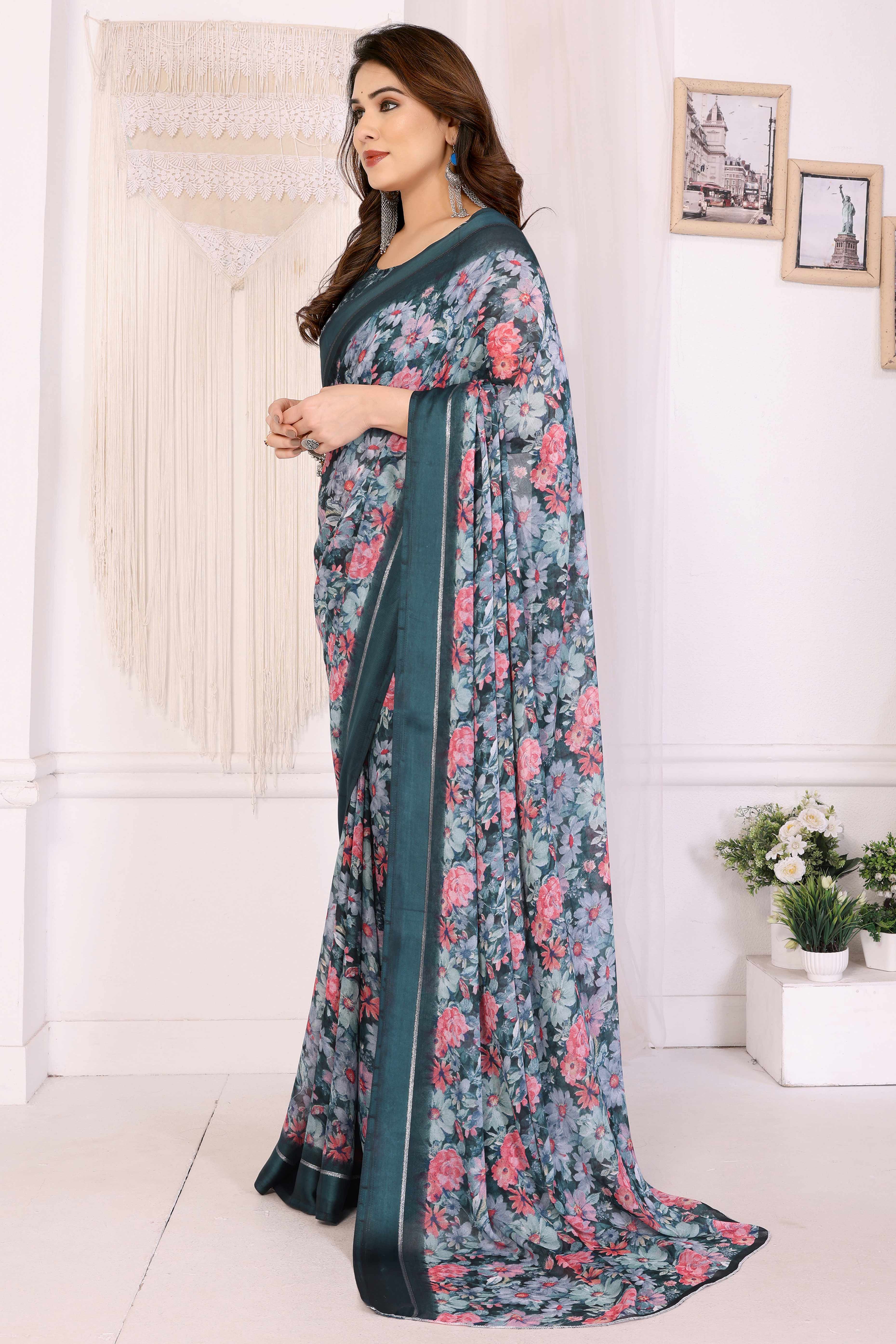 Teal Moss Satin Saree With Blooming Floral Print Design - Image 4