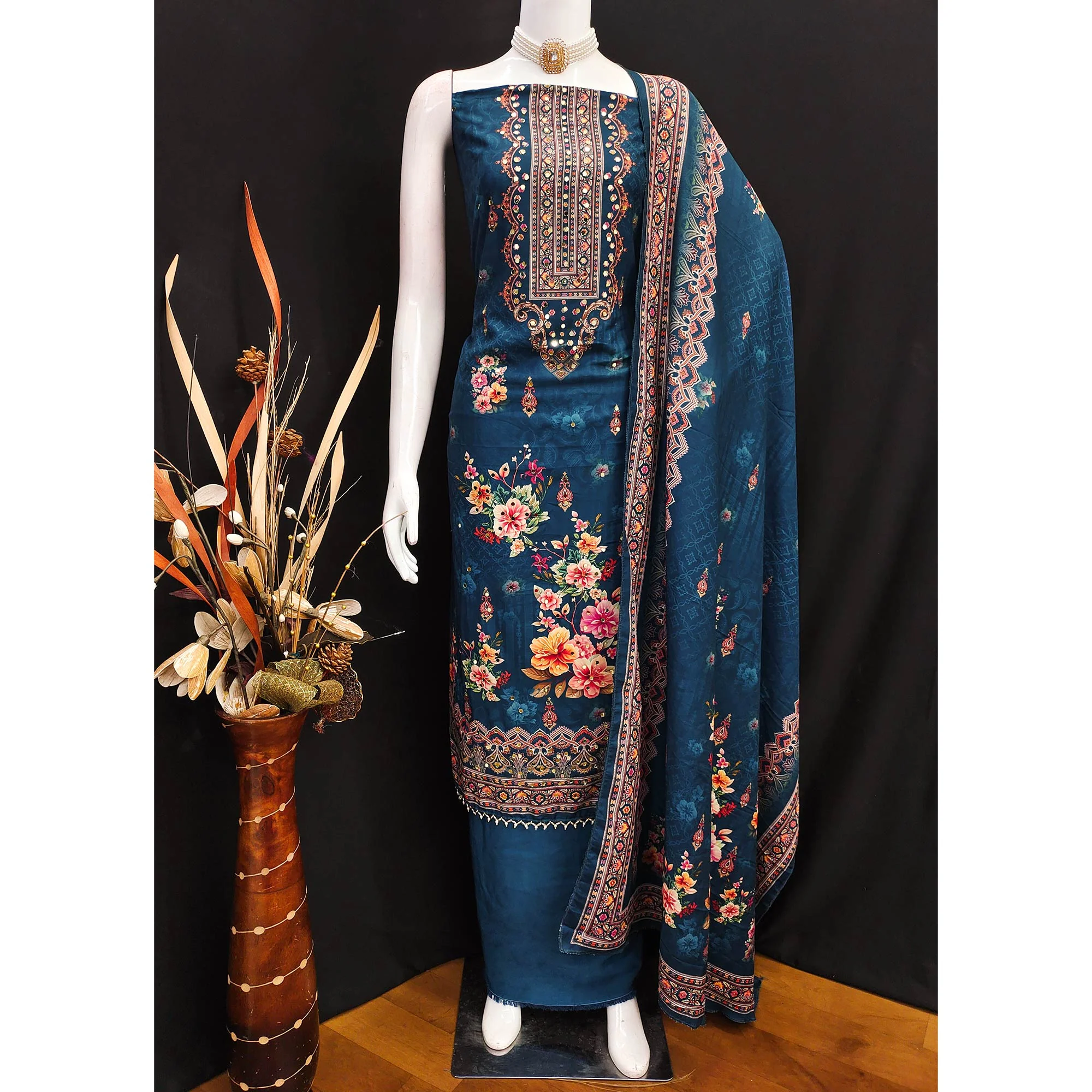 Teal Muslin Suit Fabric Featuring Floral Print & Stone Highlights - Image 6