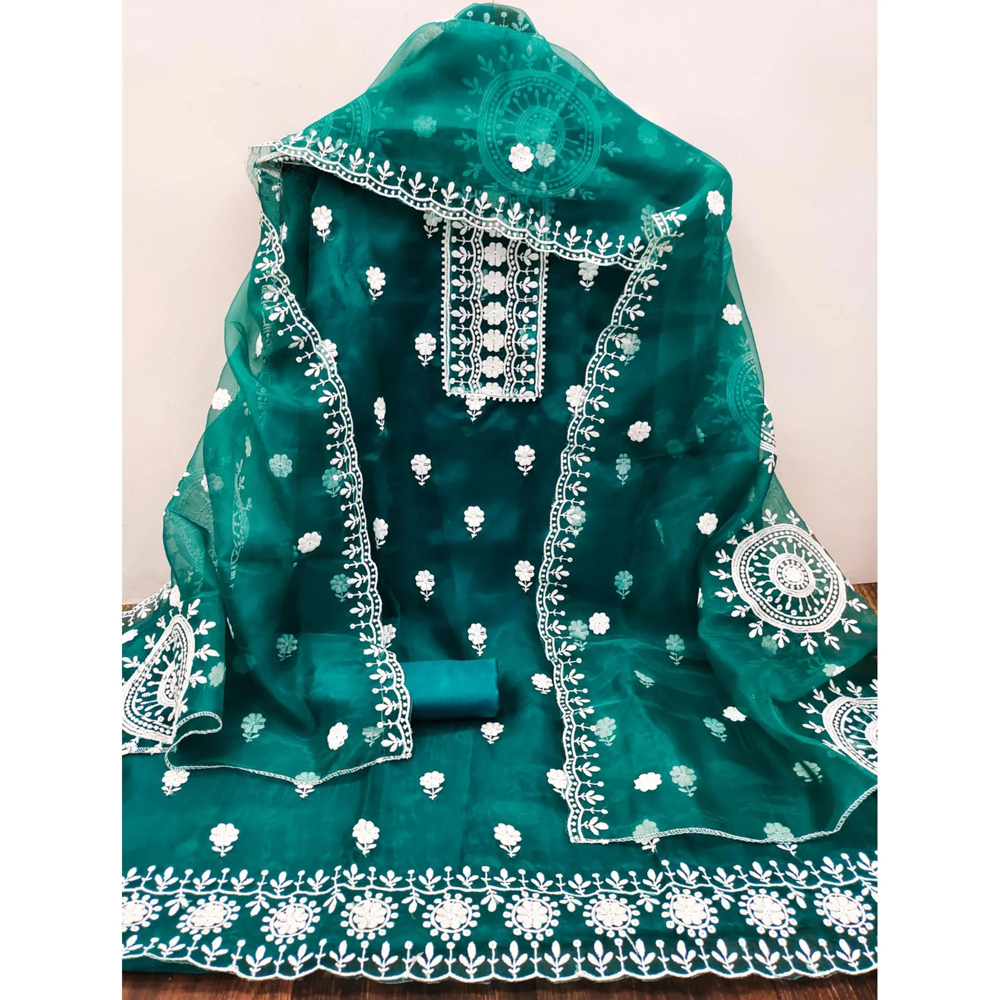Teal Organza Dress Material With Intricate Floral Thread Embroidery - Image 3