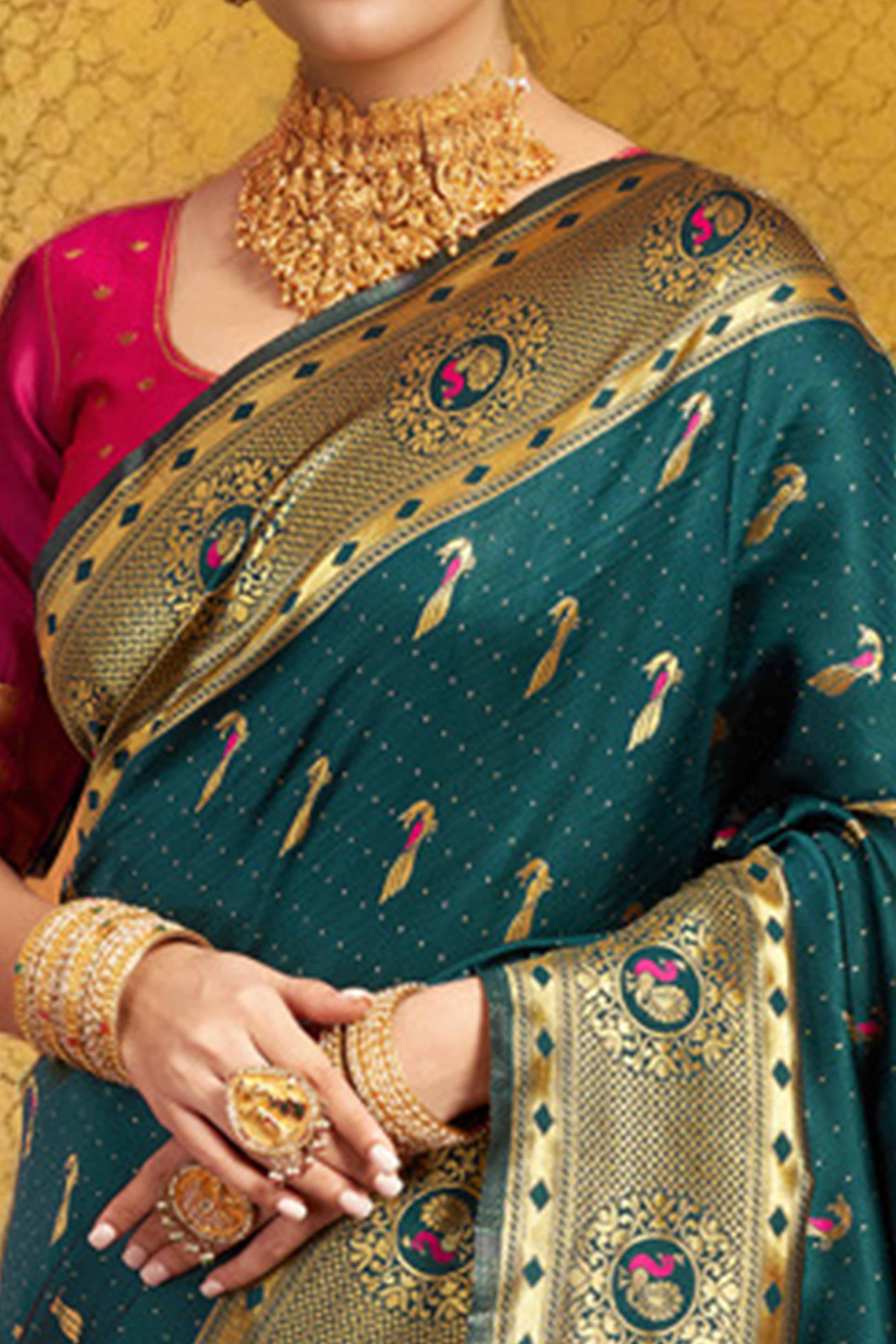 Teal Paithani Silk Blend Saree Featuring Intricate Zari Peacock &  Floral Weaving - Image 2