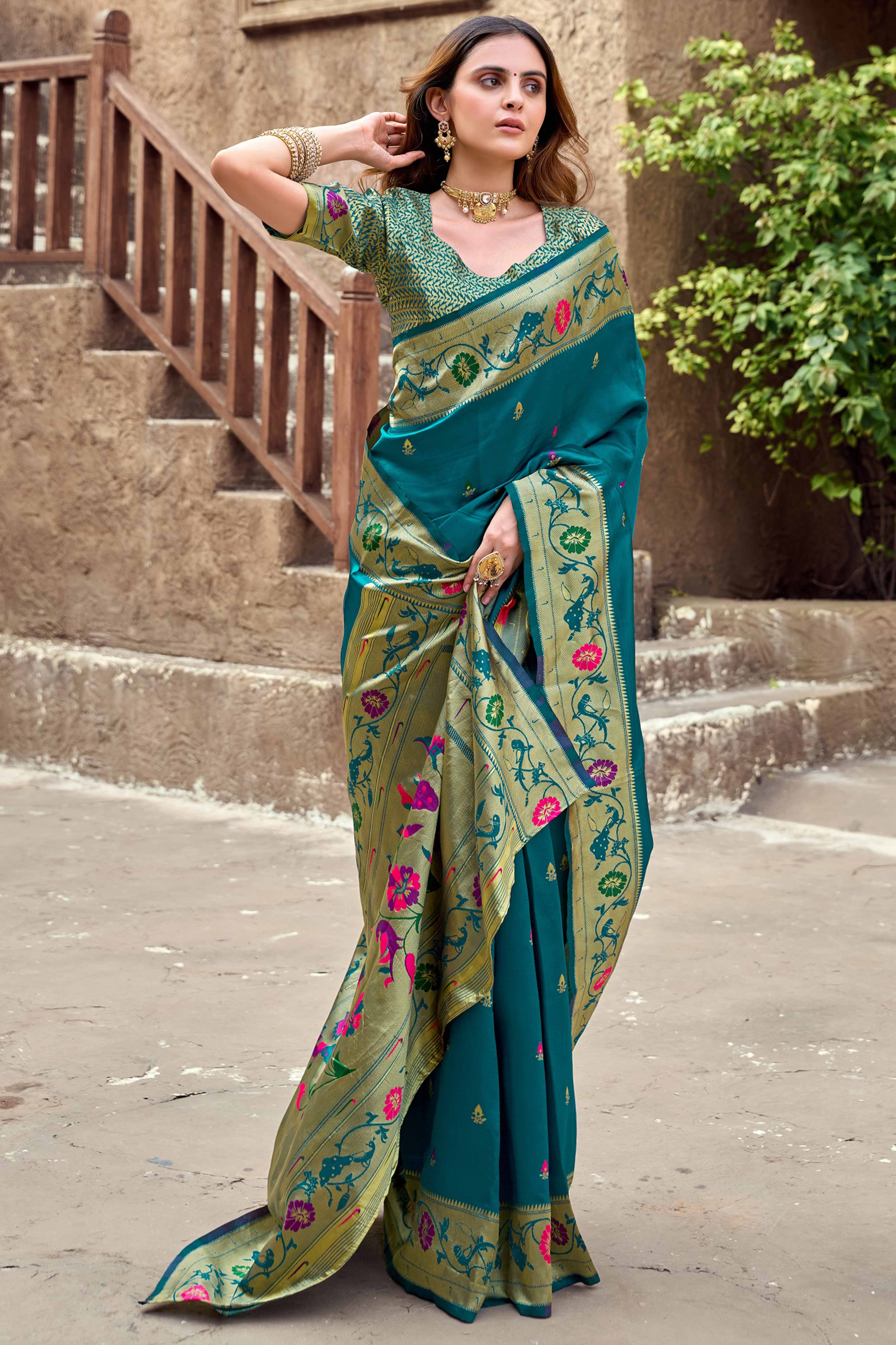 Teal Paithani Style Soft Silk Saree with Zari Weaving - Image 3