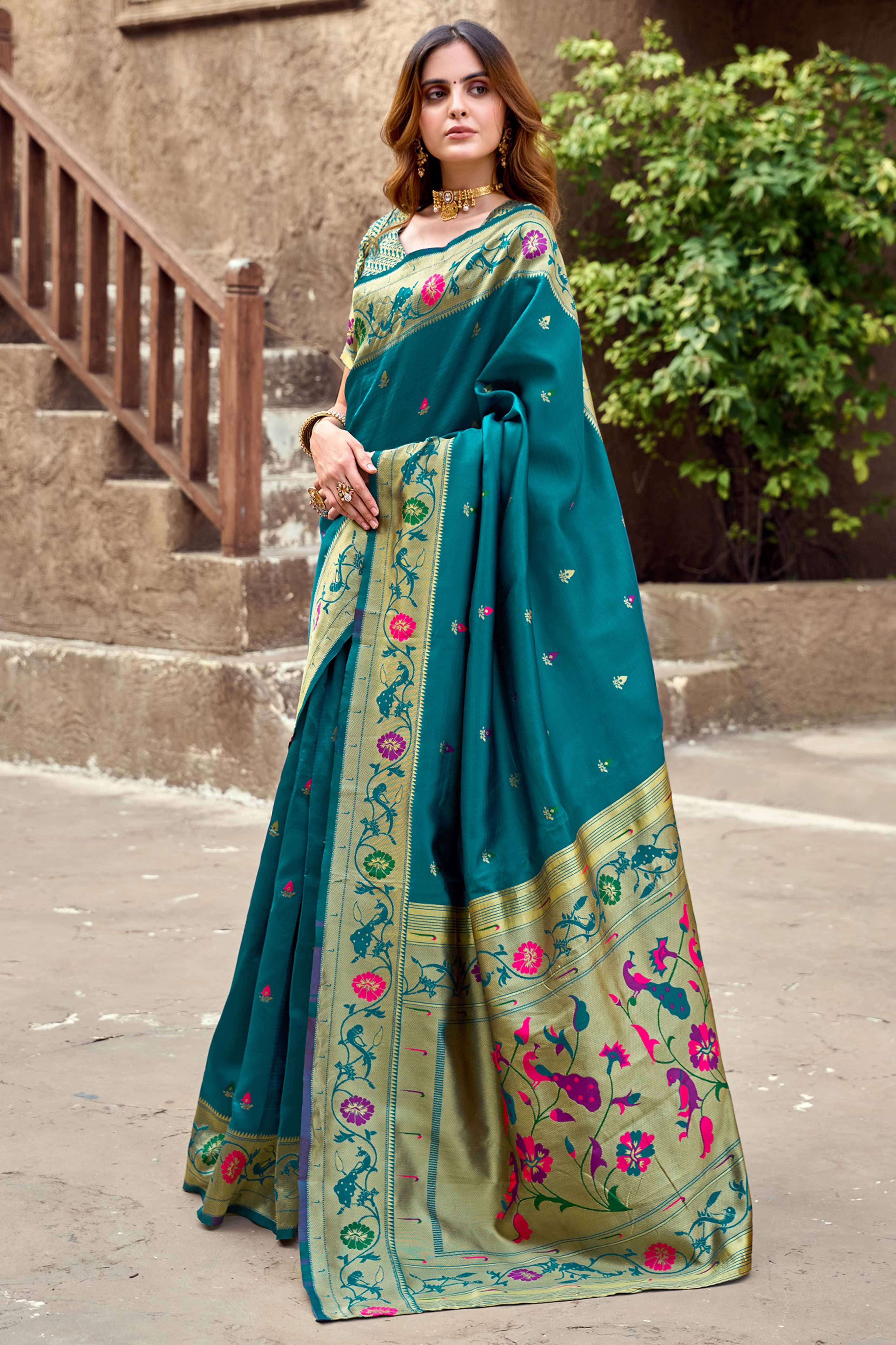 Teal Paithani Style Soft Silk Saree with Zari Weaving - Image 4