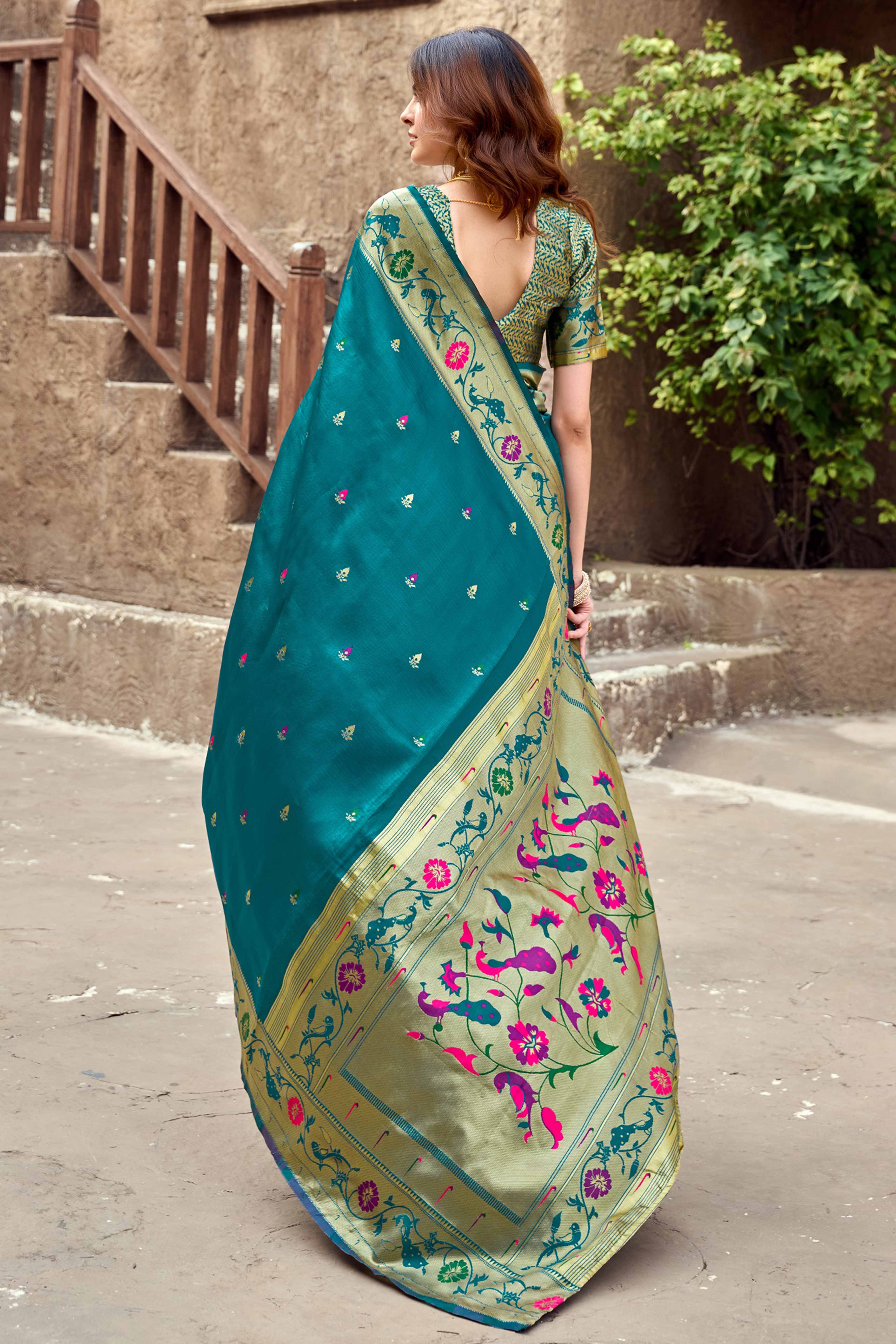 Teal Paithani Style Soft Silk Saree with Zari Weaving - Image 5