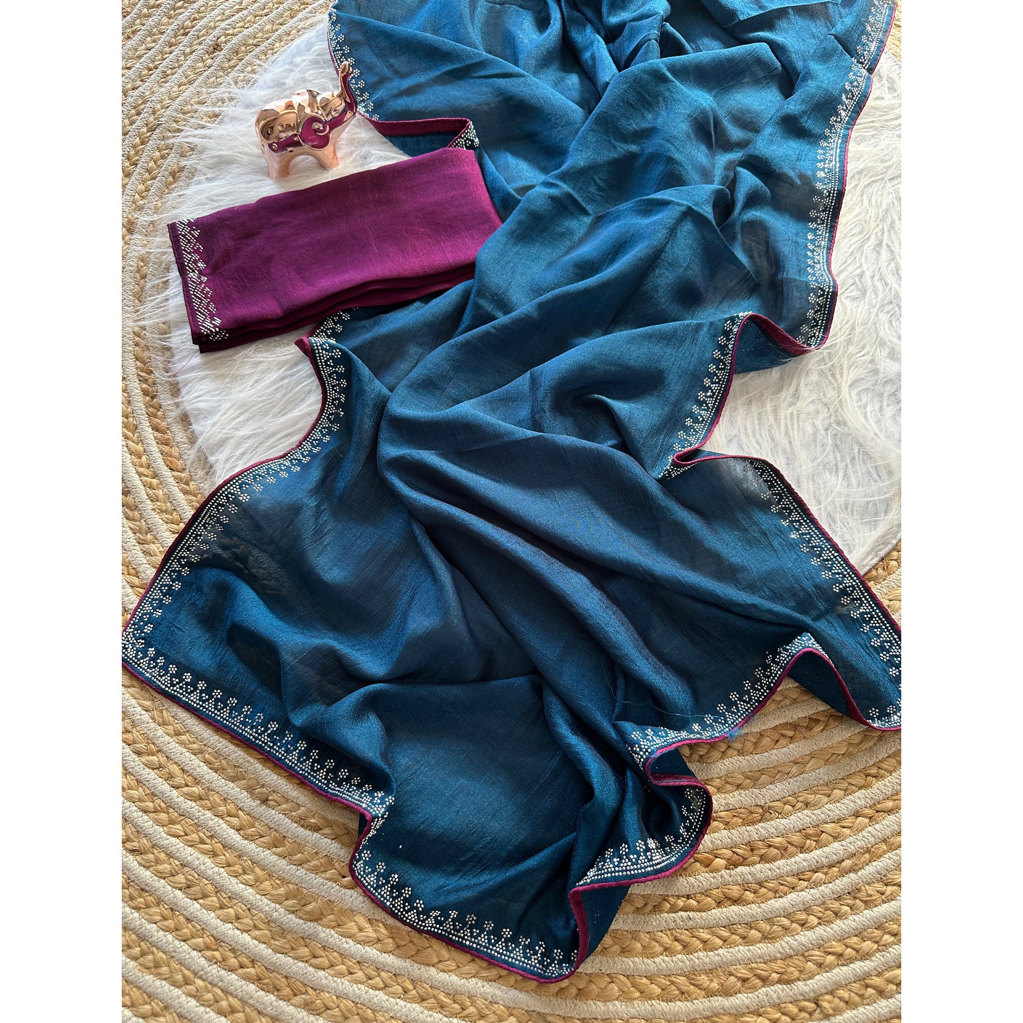 Teal Partywear Vichitra Silk Saree Featuring Exquisite Swarovski Stone Work - Image 4