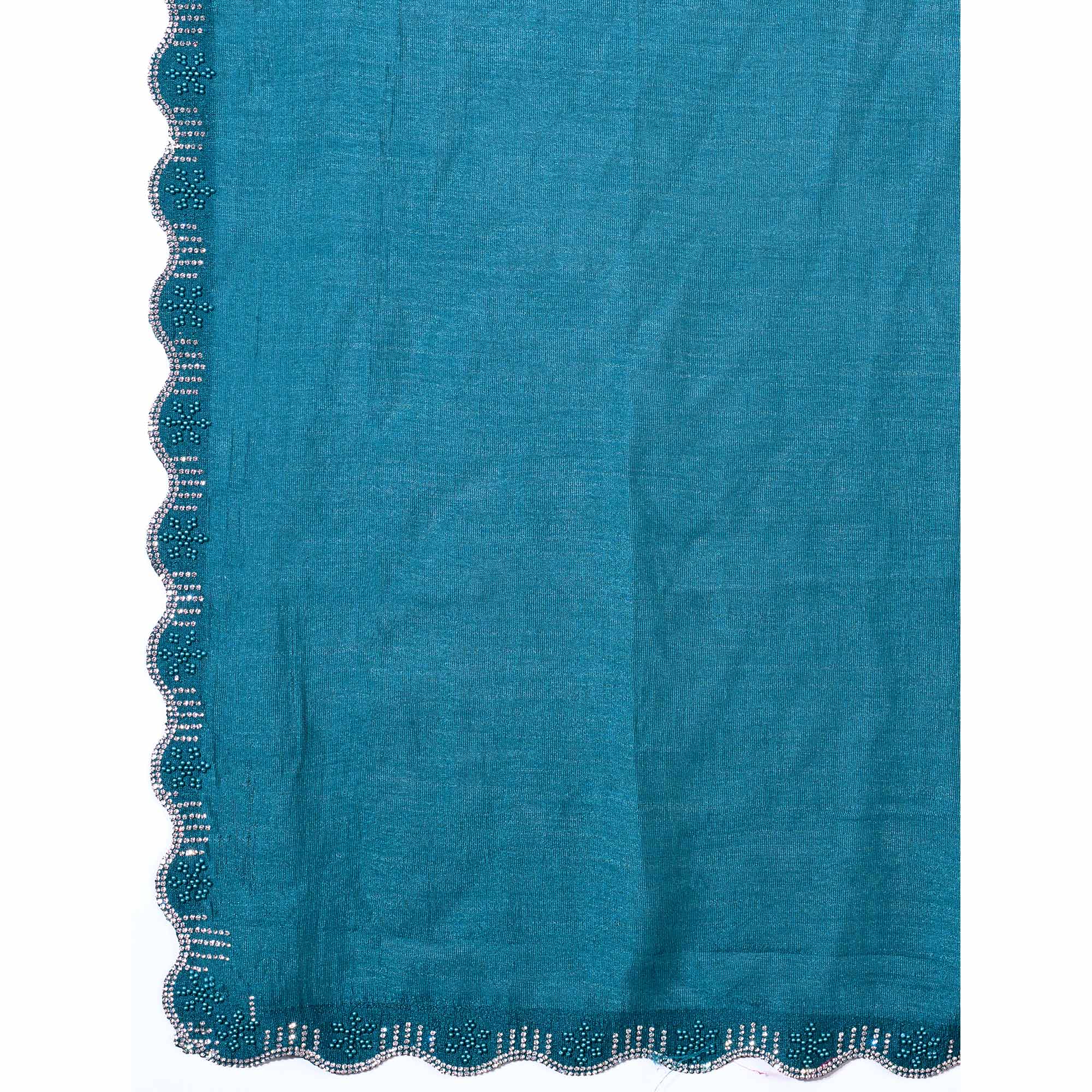 Teal Pearl Work Embroidered Khaadi Saree - Image 10