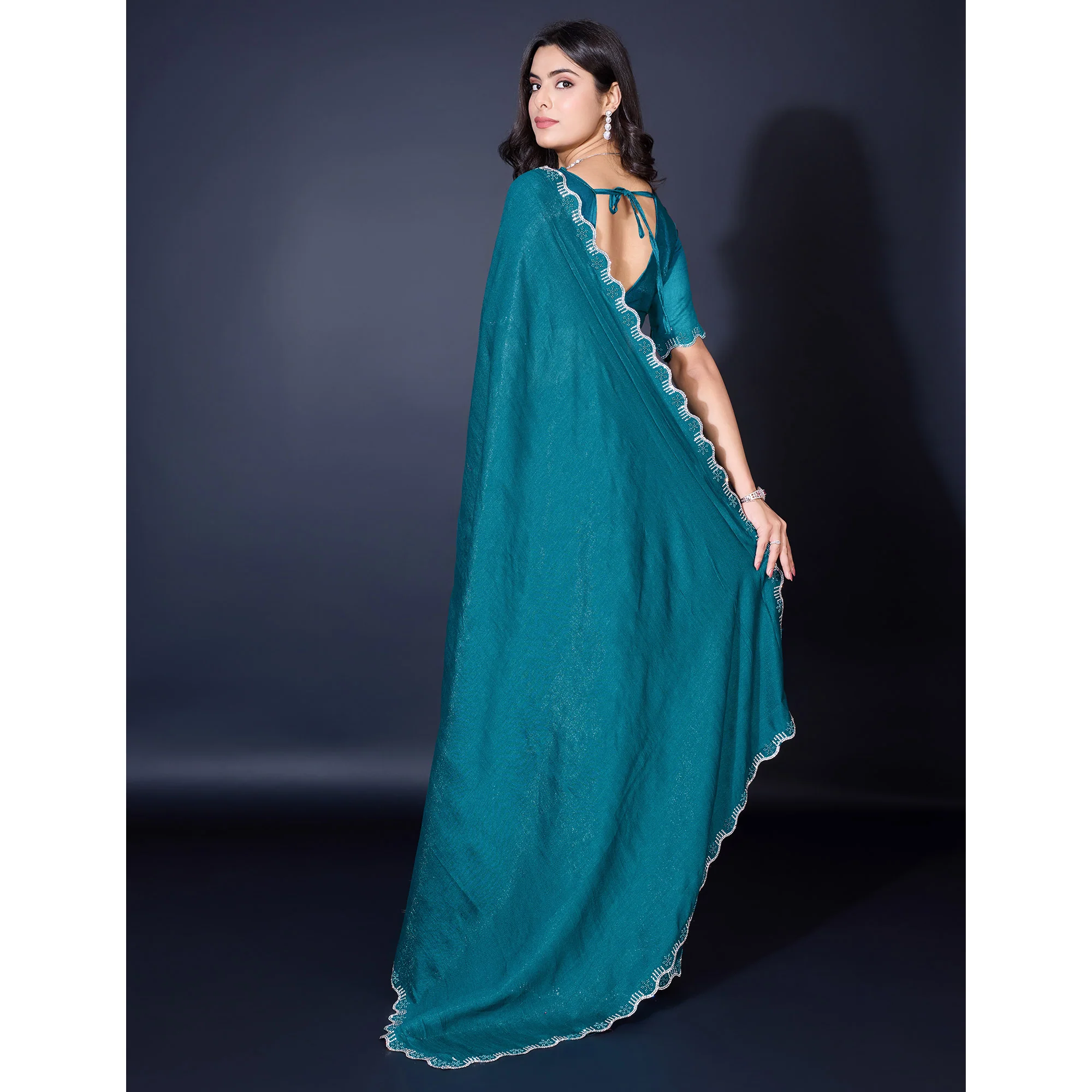 Teal Pearl Work Embroidered Khaadi Saree - Image 6