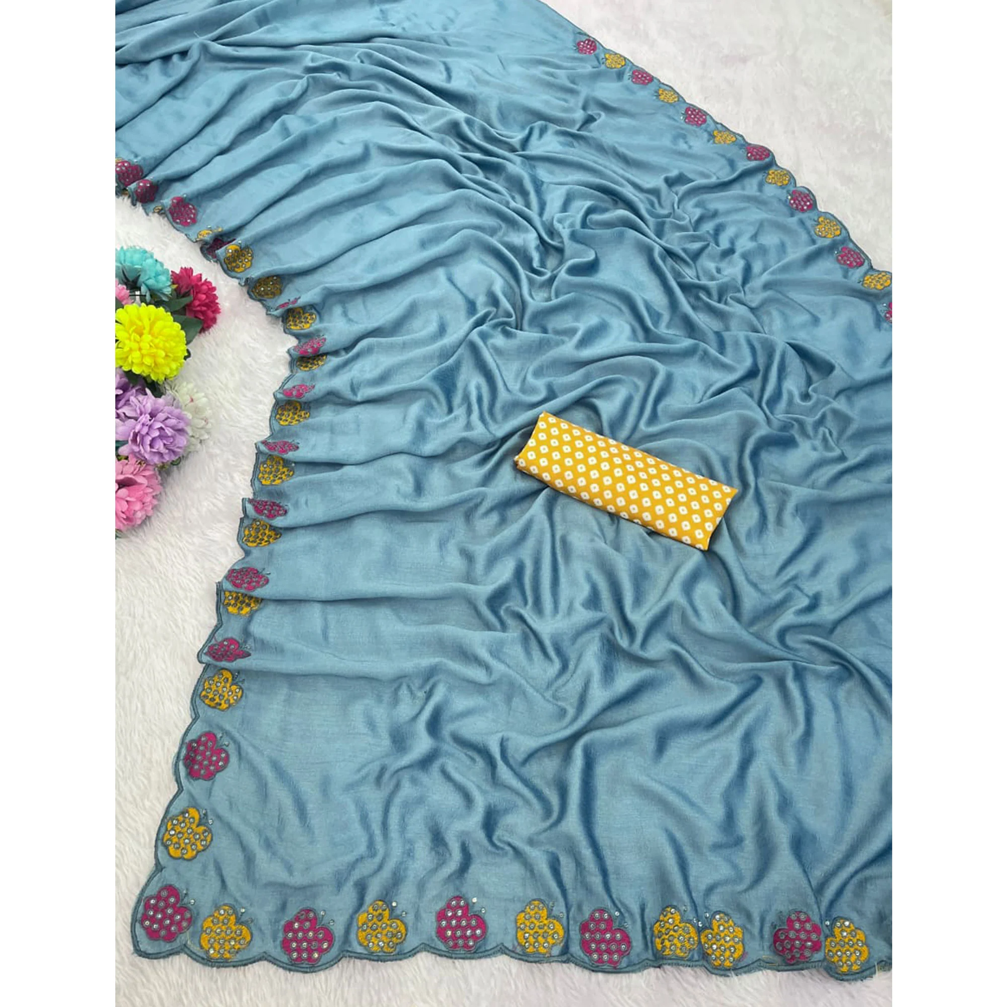 Teal Premium Vichitra Silk Saree Adorned with Intricate Embroidery Work - Image 4
