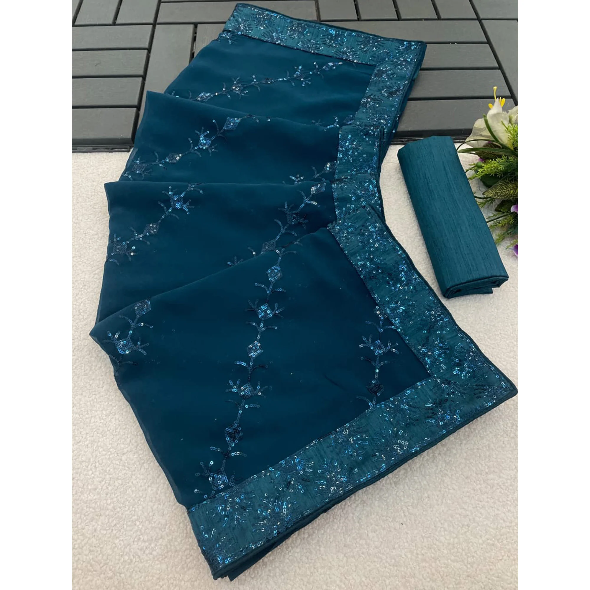 Teal Premium Vichitra Silk Saree Adorned with Shimmering Sequins Work - Image 5
