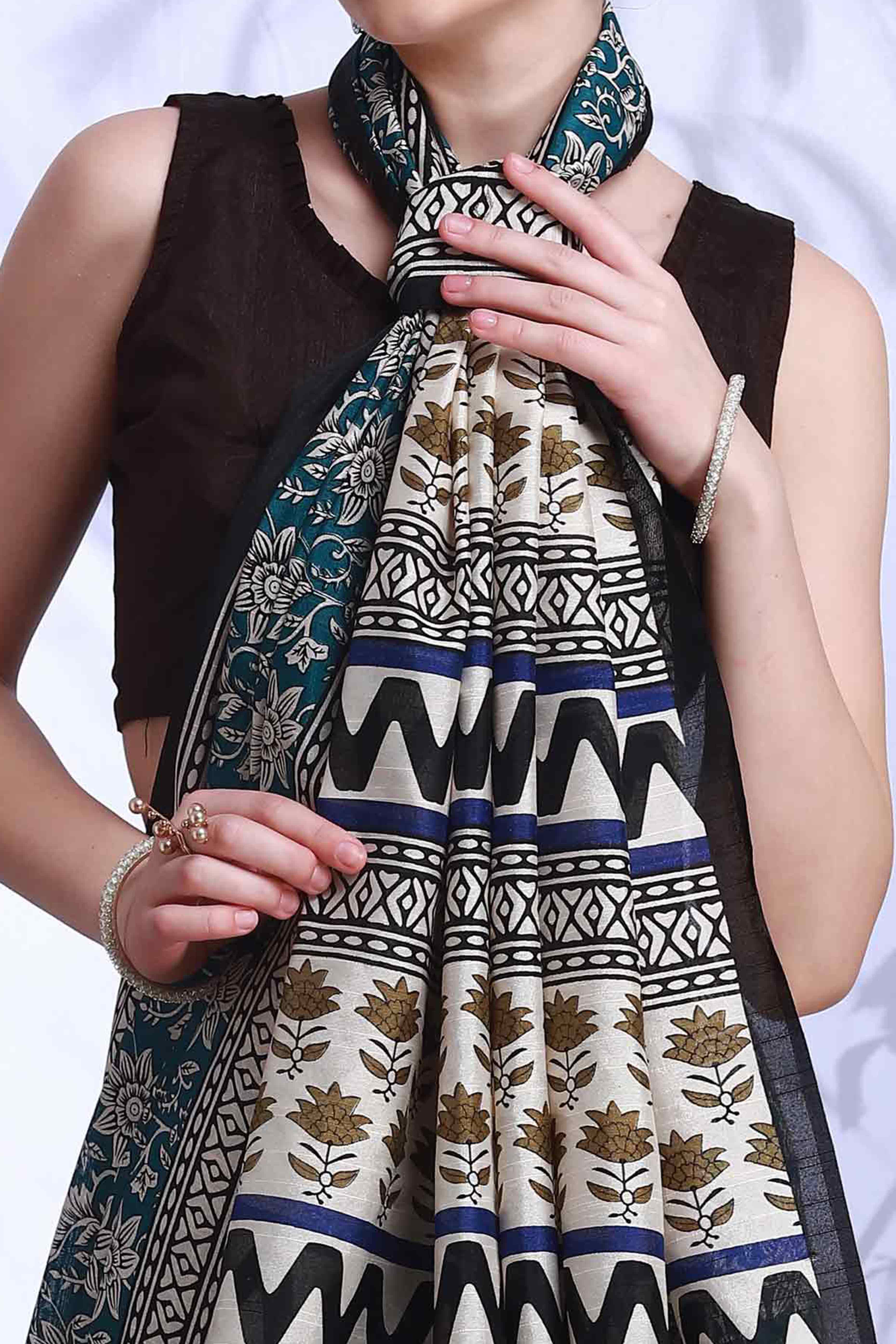 Teal Printed Bhagalpuri Silk Saree - Image 2