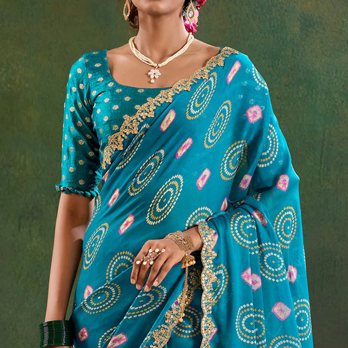 Teal Printed Chiffon Saree With Sequins Border - Image 3