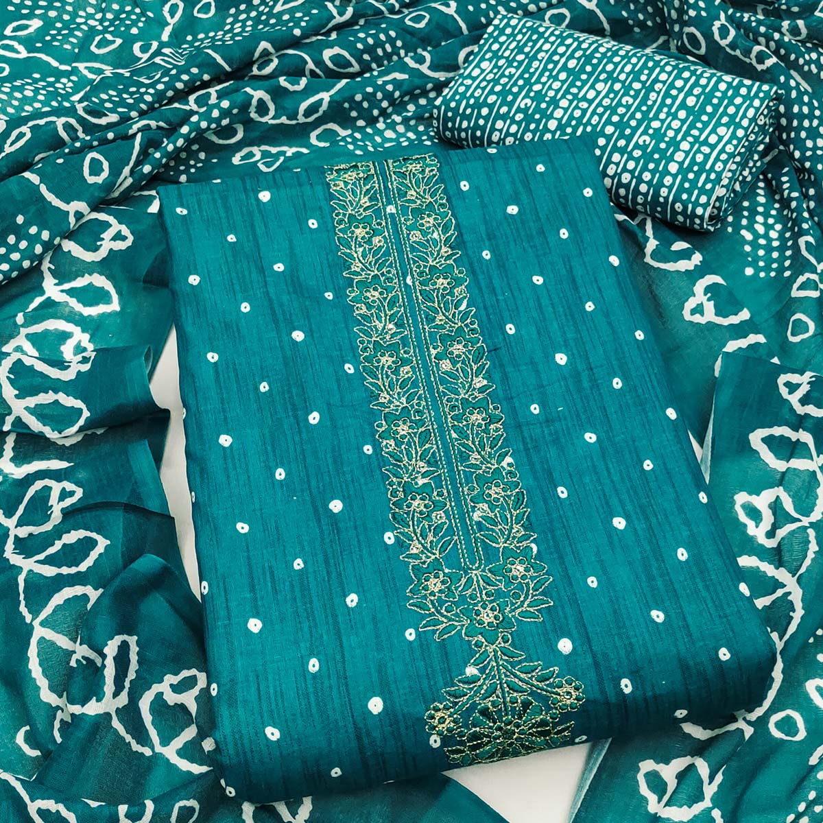 Teal Pure Cotton Dress Material Showcasing Floral & Bandhani Prints With Elegant Neck Embroidery - Image 2
