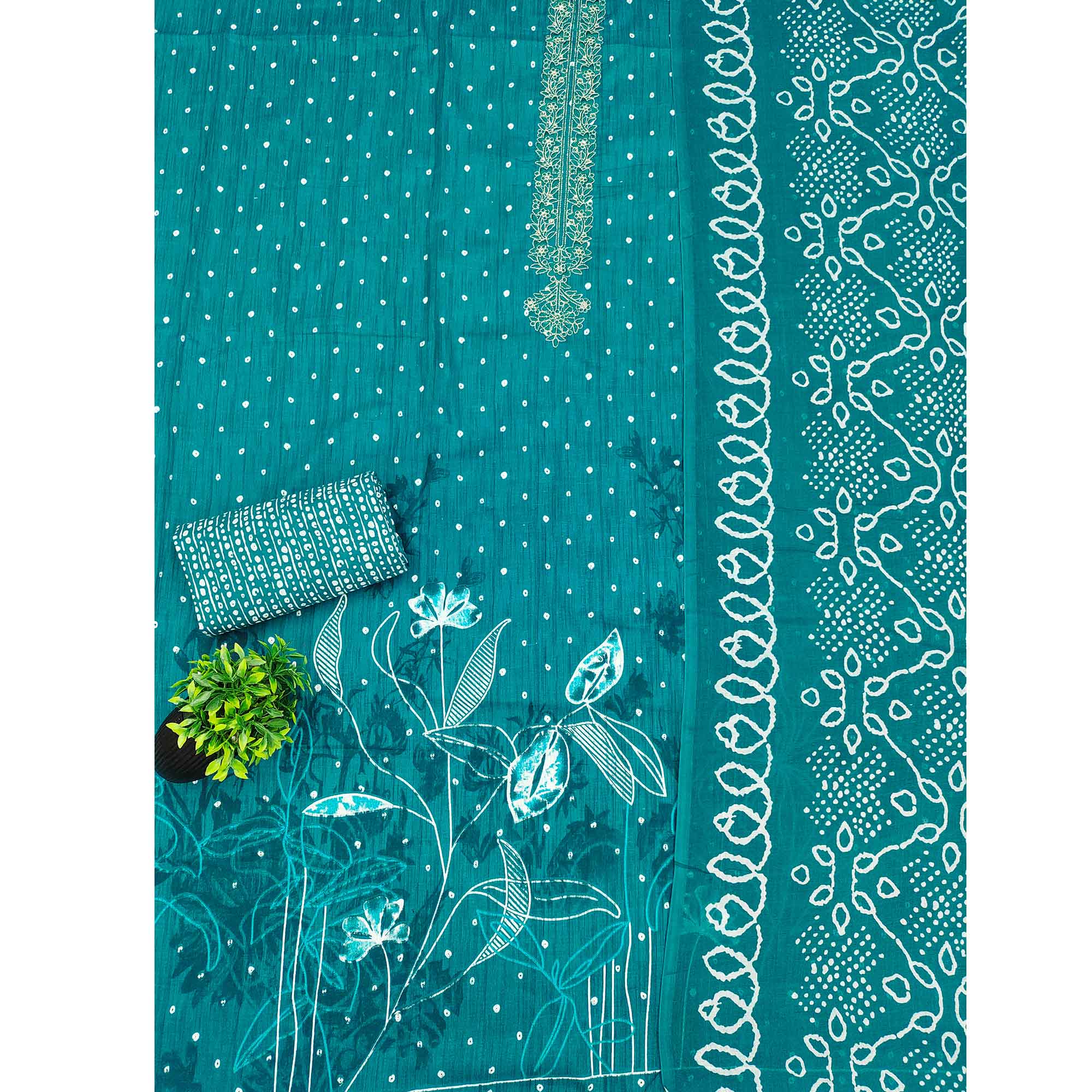 Teal Pure Cotton Dress Material Showcasing Floral & Bandhani Prints With Elegant Neck Embroidery - Image 3