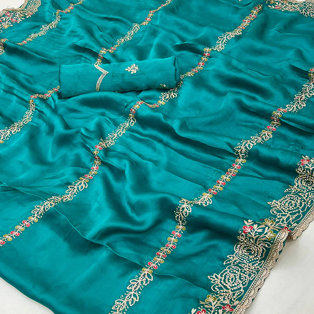 Teal Satin Chiffon Saree Adorned with Intricate Floral Embroidery - Image 2