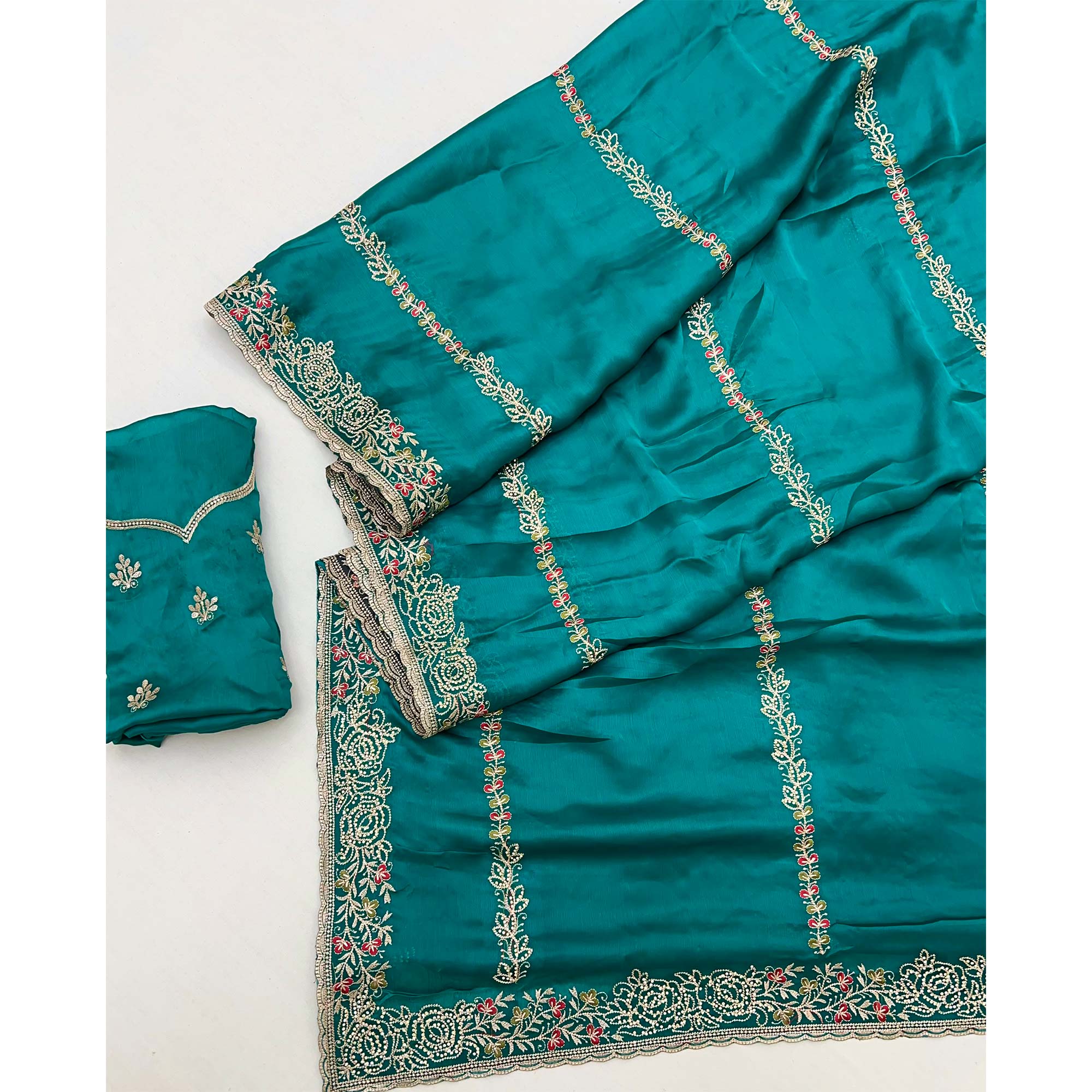 Teal Satin Chiffon Saree Adorned with Intricate Floral Embroidery - Image 3