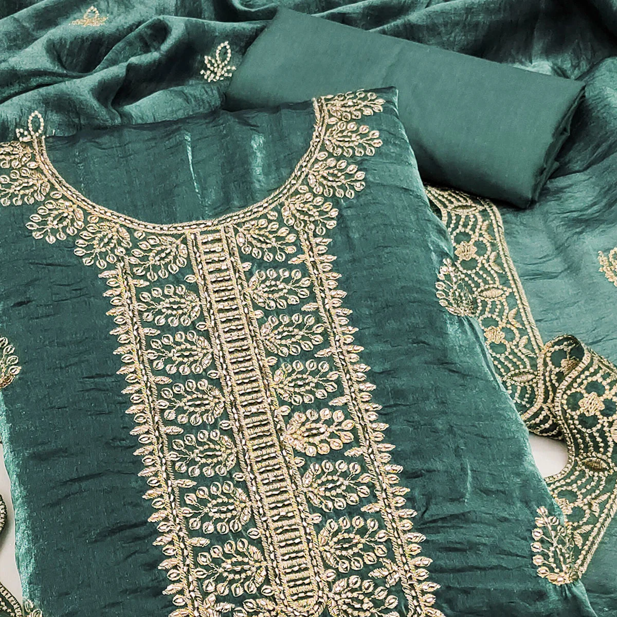 Teal Satin Dress Material Adorned With Elegant Floral Zari Embroidery & Intricate Handwork - Image 2