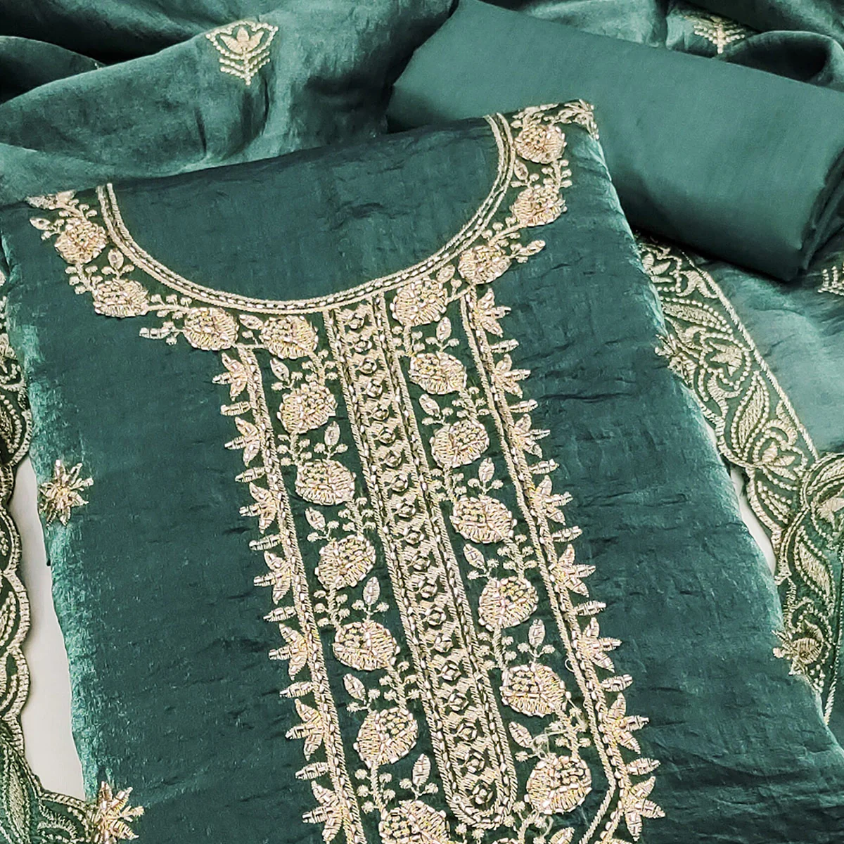 Teal Satin Dress Material Featuring Exquisite Floral Embroidery With Detailed Handwork Accents - Image 2