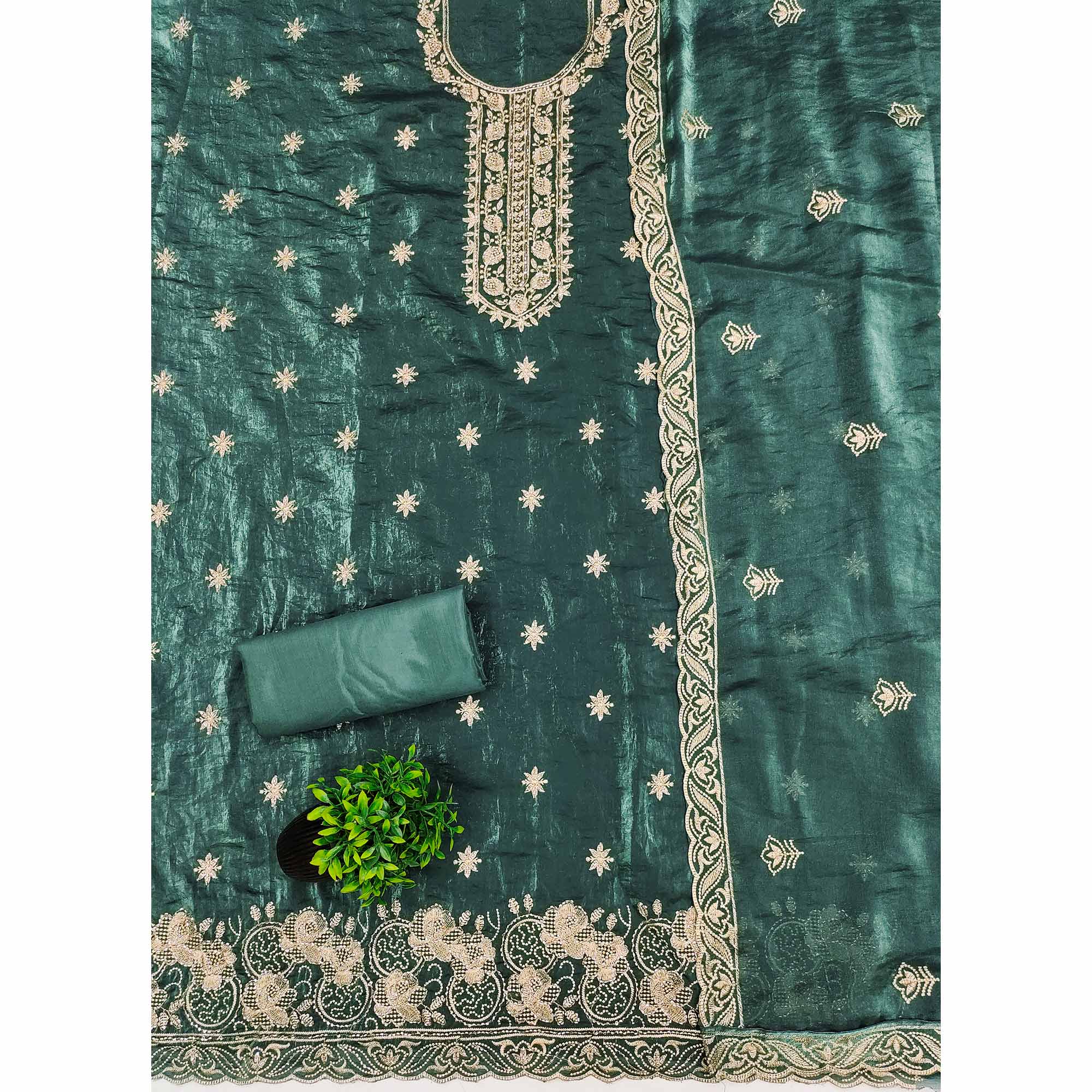 Teal Satin Dress Material Featuring Exquisite Floral Embroidery With Detailed Handwork Accents - Image 3