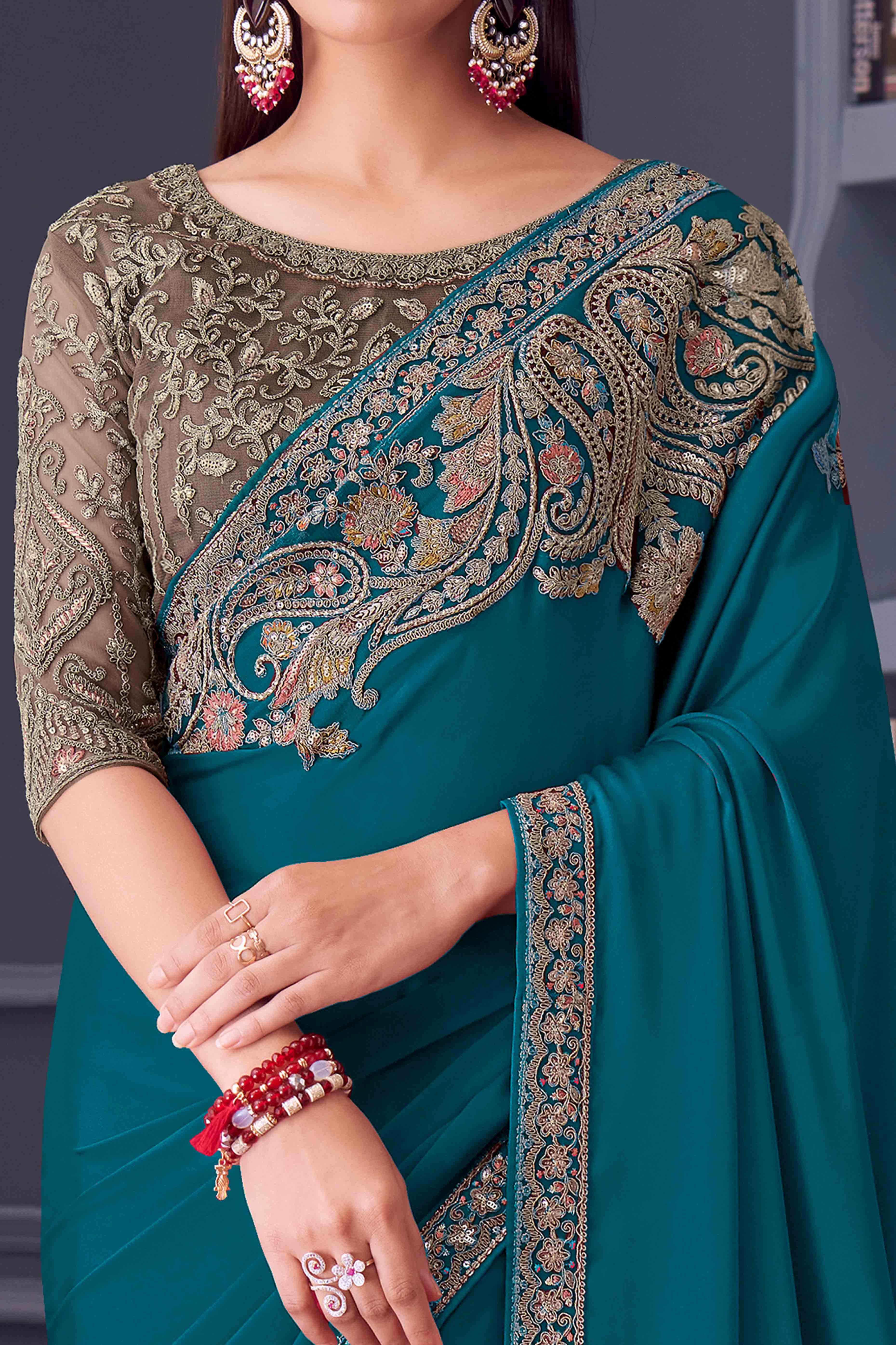 Teal Satin Saree Embellished with Sequin Work - Image 2