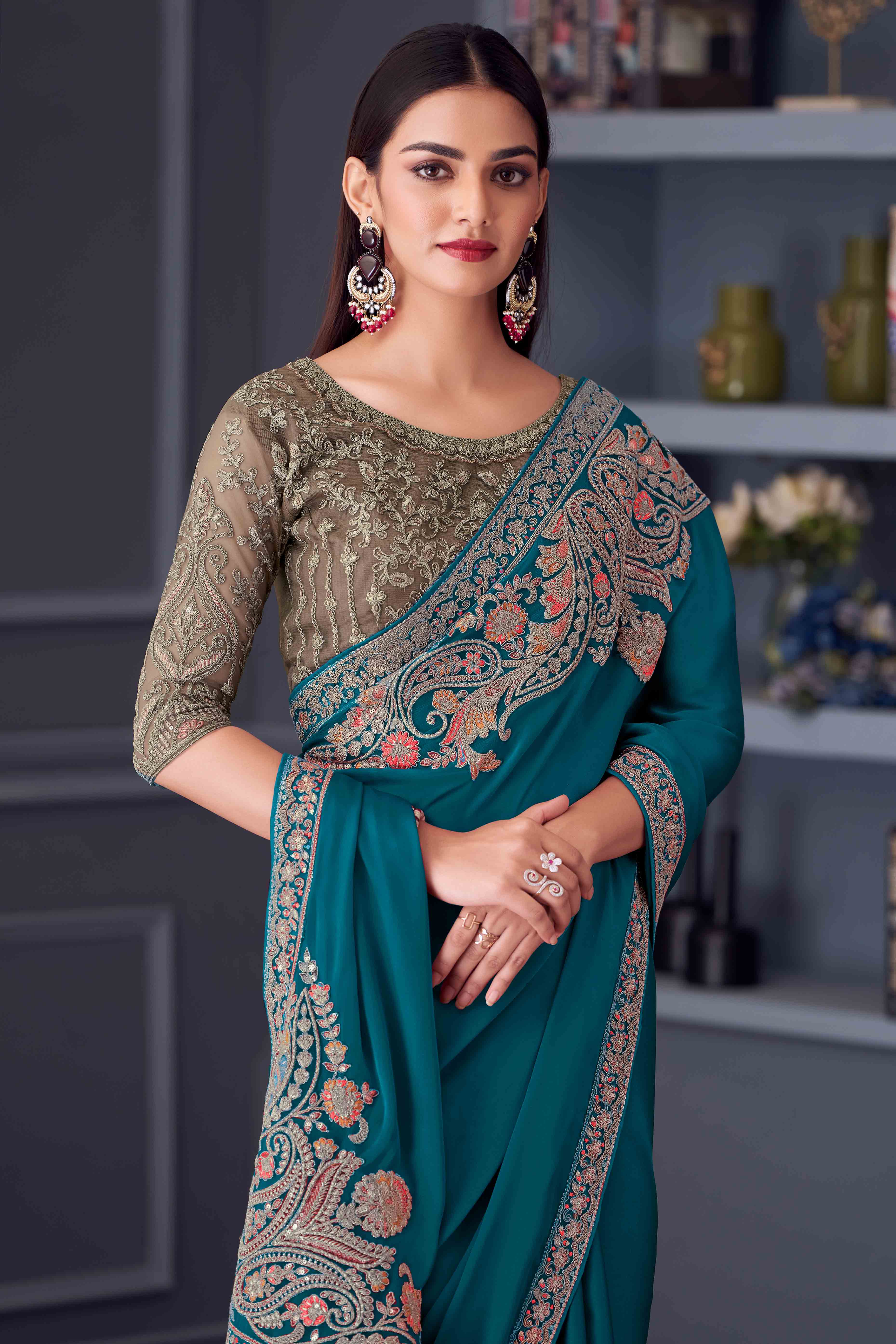 Teal Satin Saree Embellished with Sequin Work - Image 3