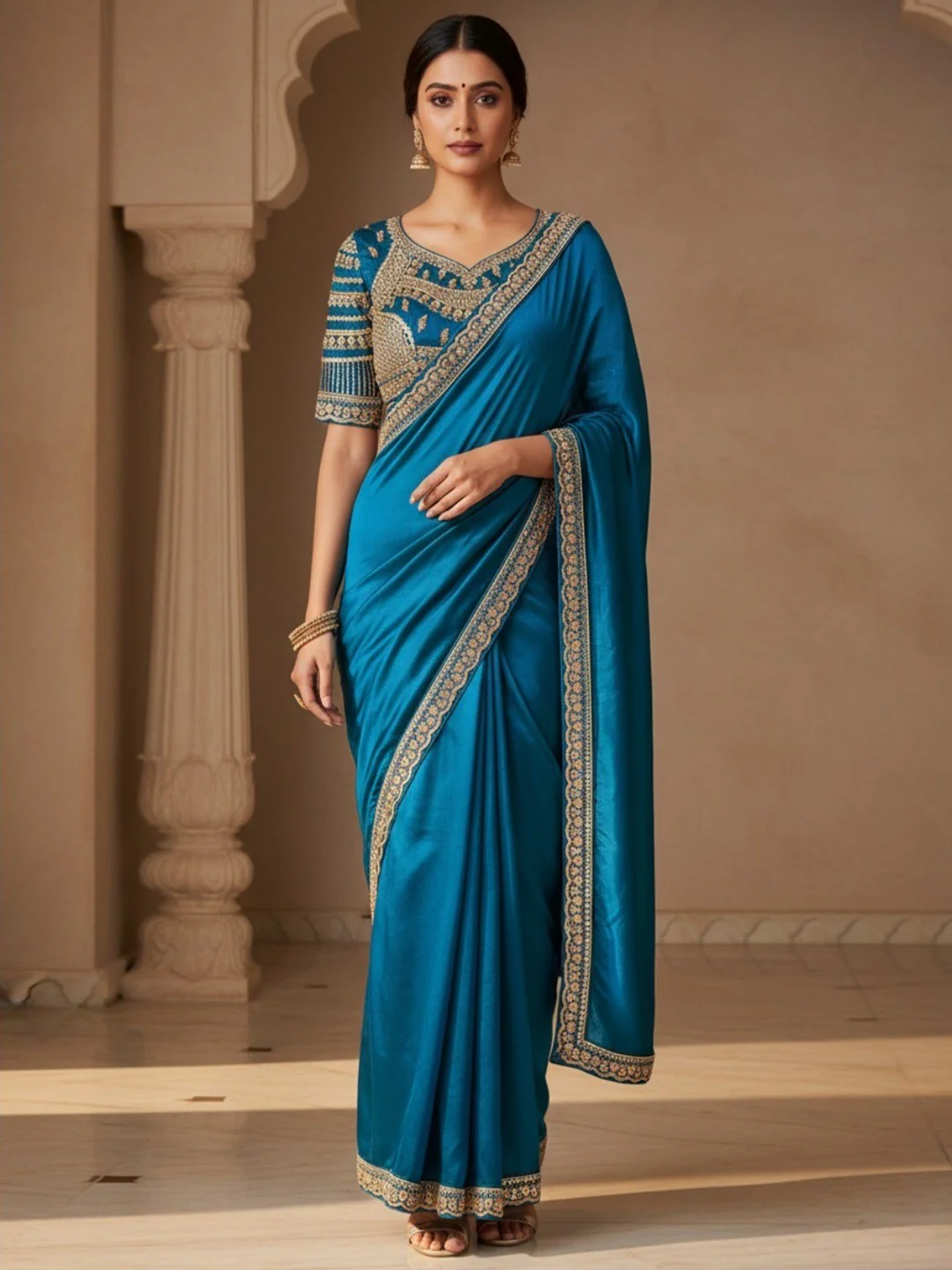 Teal Satin Saree with Embroidered Blouse Elegant Indian Attire