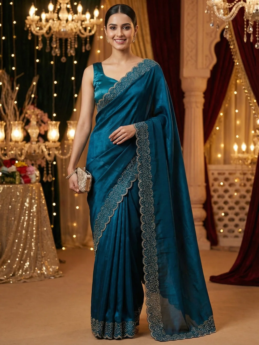 Teal Satin Saree with Handcrafted Stone Work Embellished Border