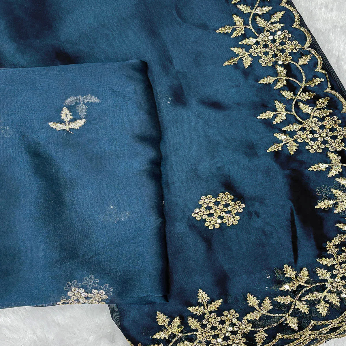 Teal Satin Saree with Intricate Floral Embroidery - Image 2