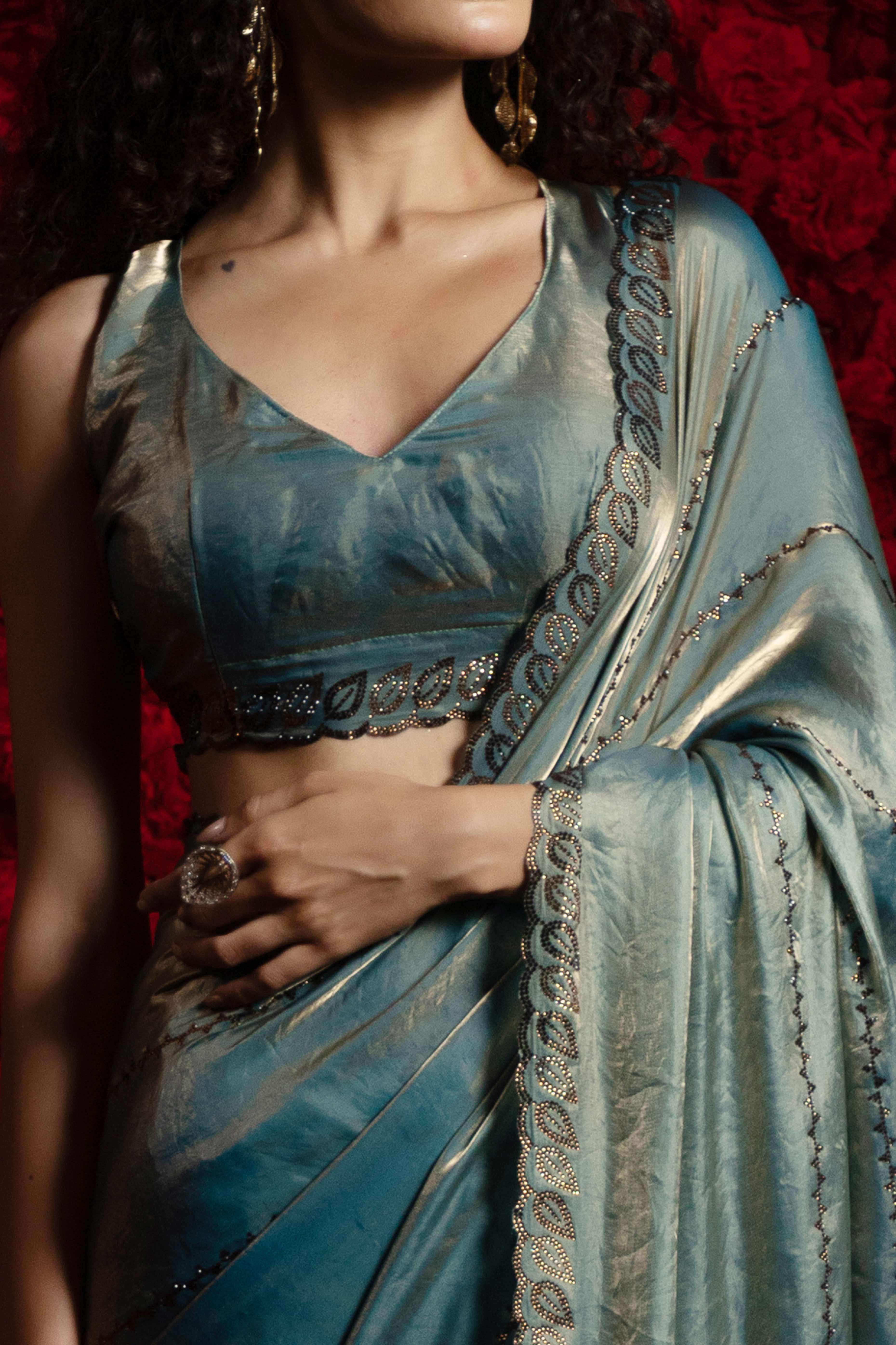 Teal Satin Silk Saree with Dazzling Stone Embellishments for Special Occasions - Image 2