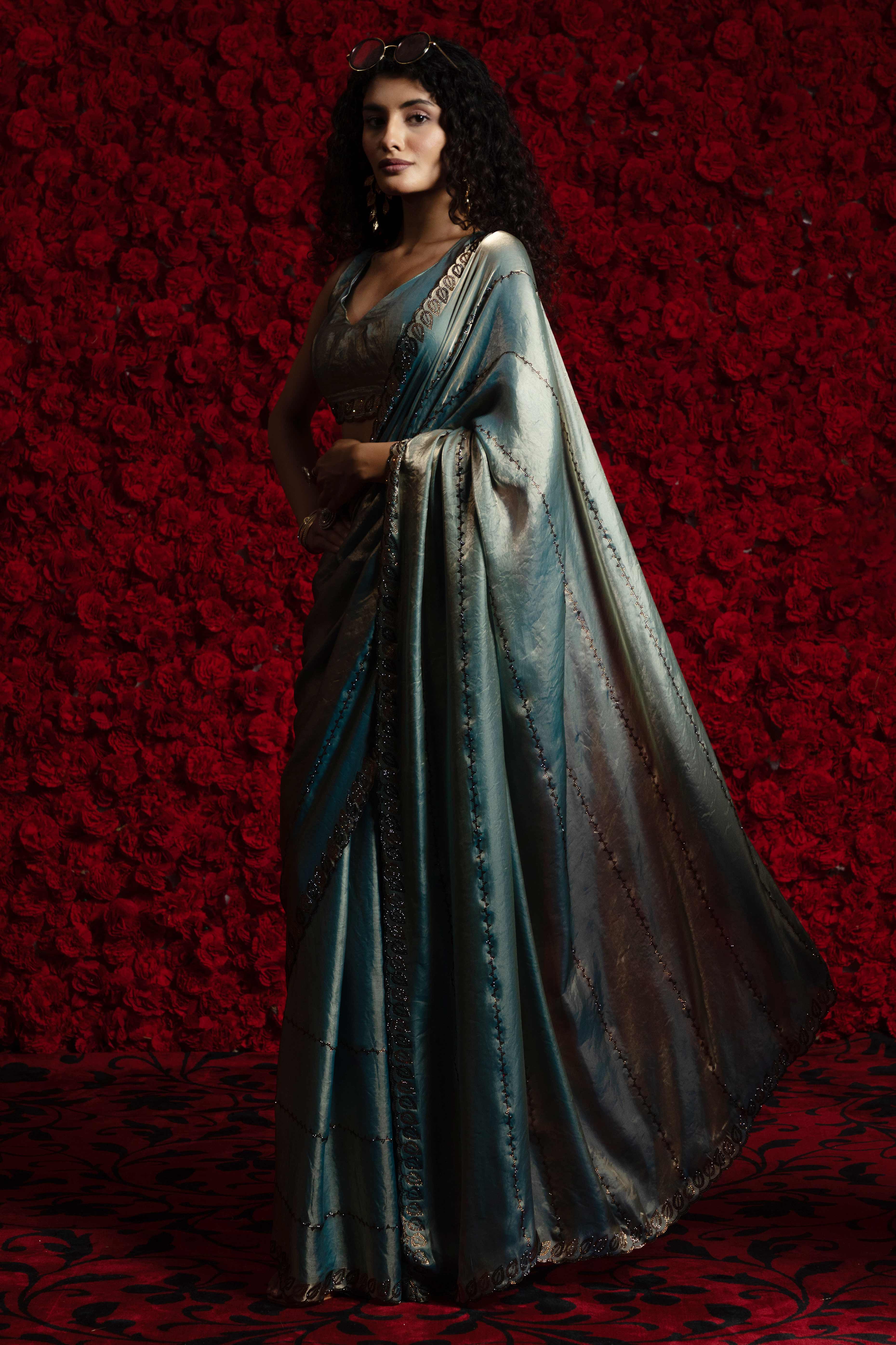 Teal Satin Silk Saree with Dazzling Stone Embellishments for Special Occasions - Image 3