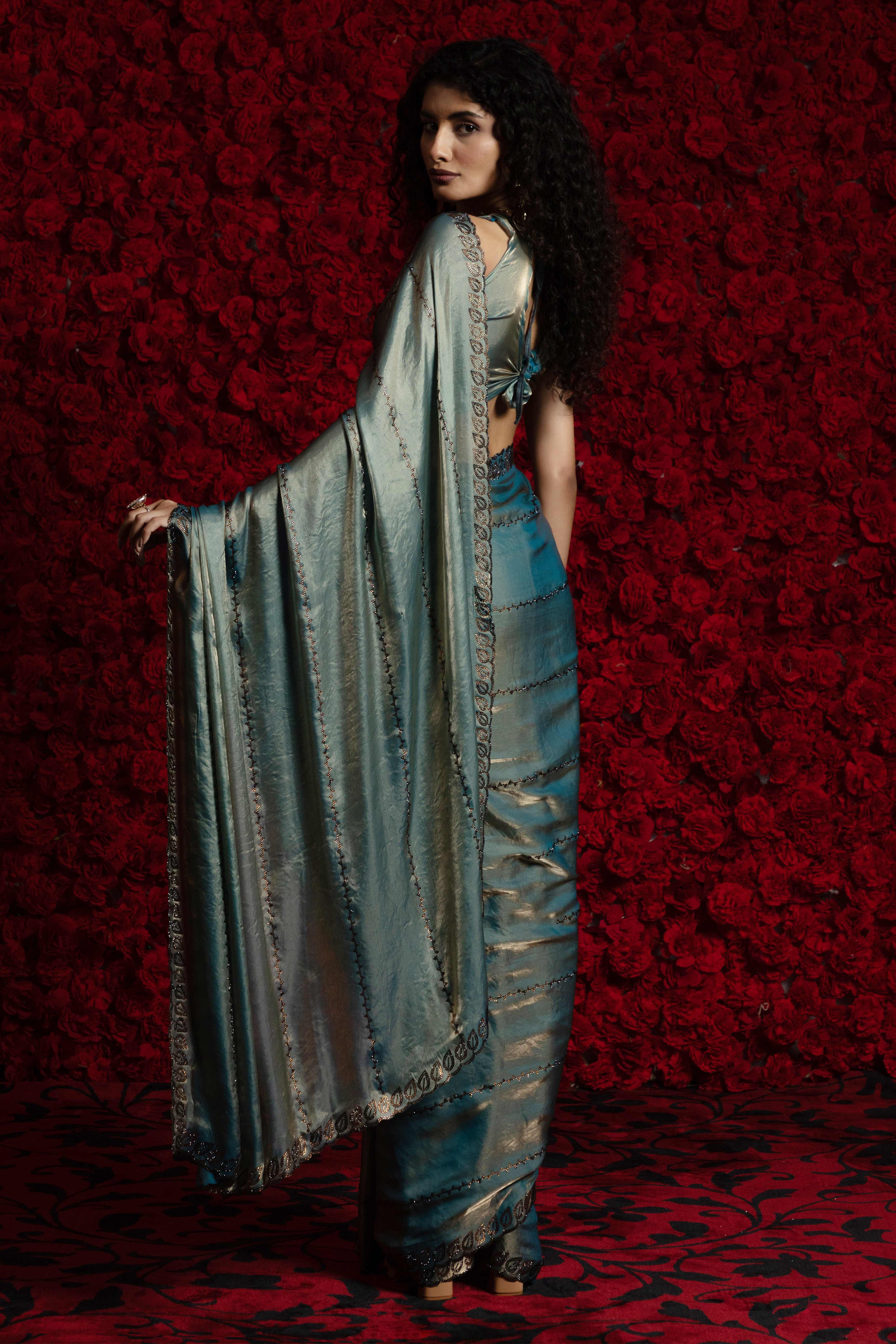Teal Satin Silk Saree with Dazzling Stone Embellishments for Special Occasions - Image 4