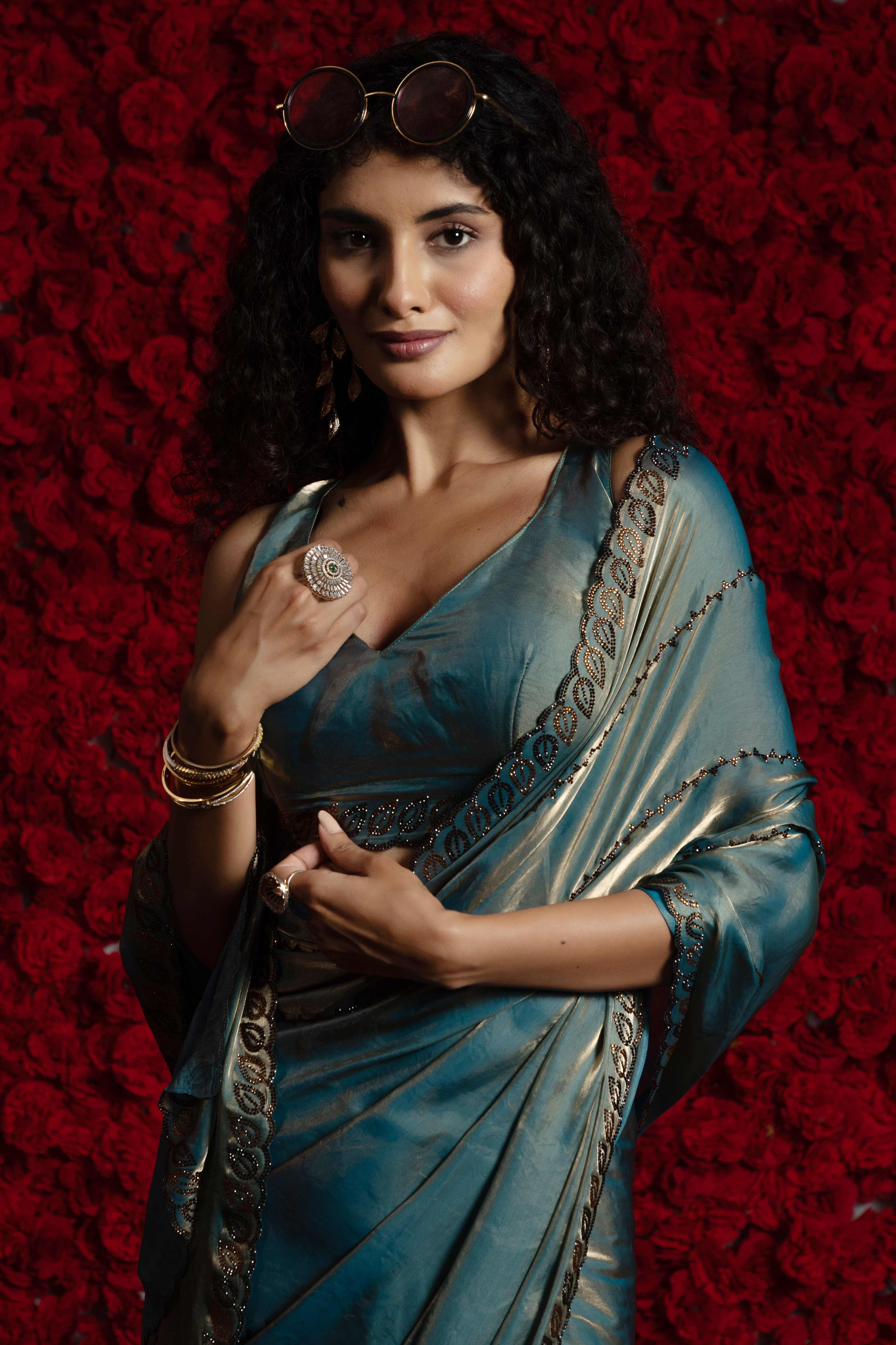 Teal Satin Silk Saree with Dazzling Stone Embellishments for Special Occasions - Image 5
