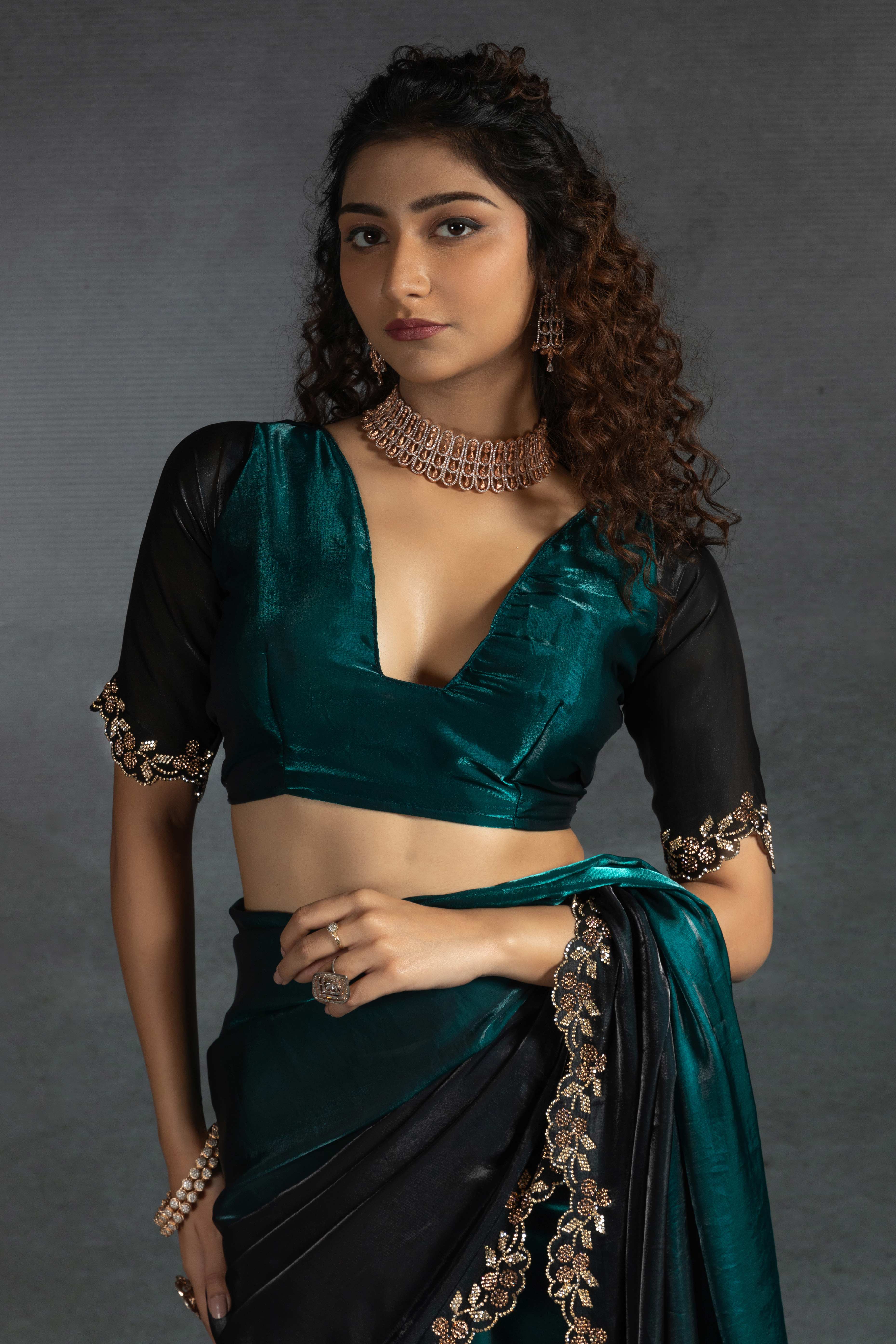Teal Satin Silk Two Tone Saree with Intricate Zarkan Embellishments - Image 6