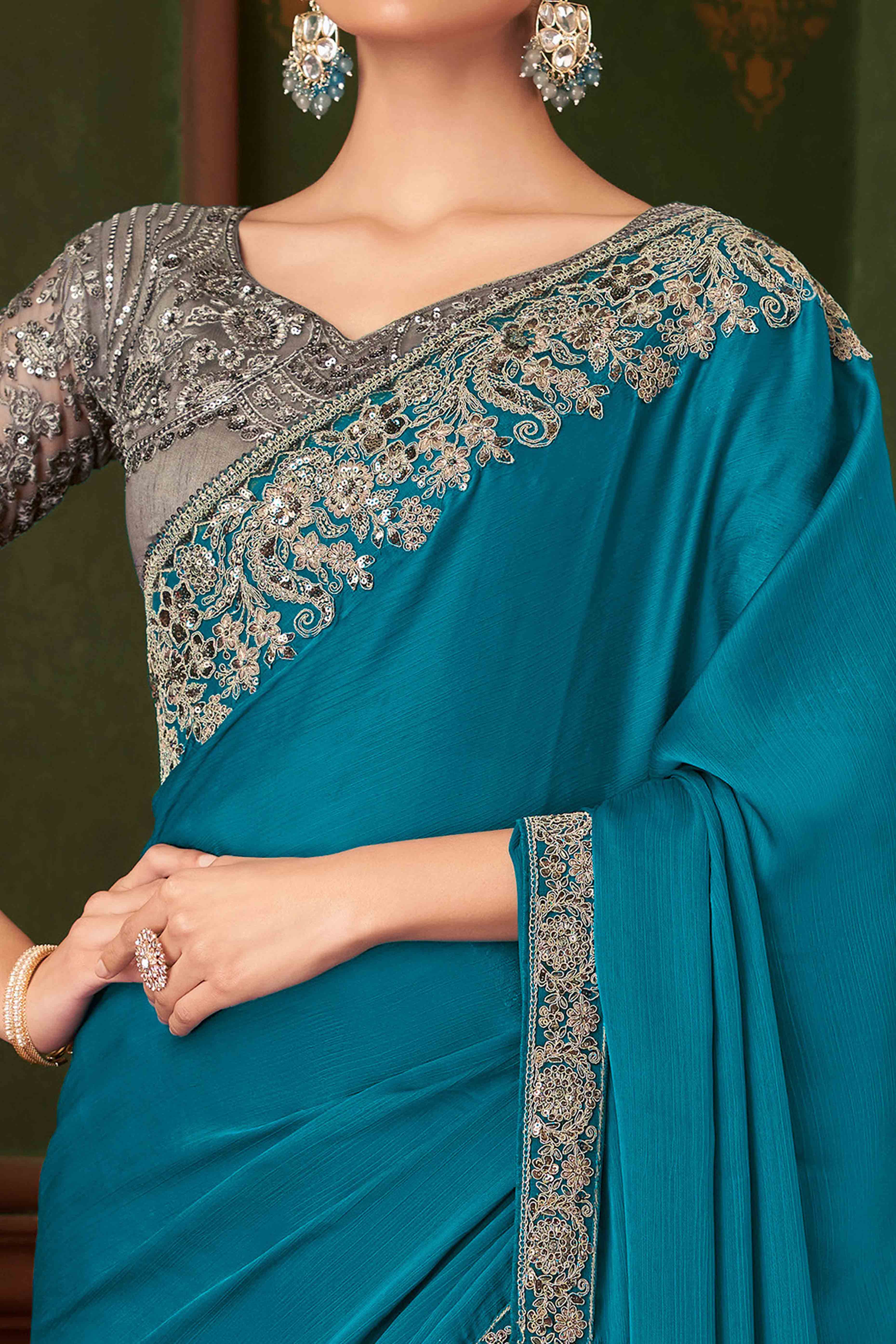 Teal Sequins Embroidered Chiffon Saree - Image 2