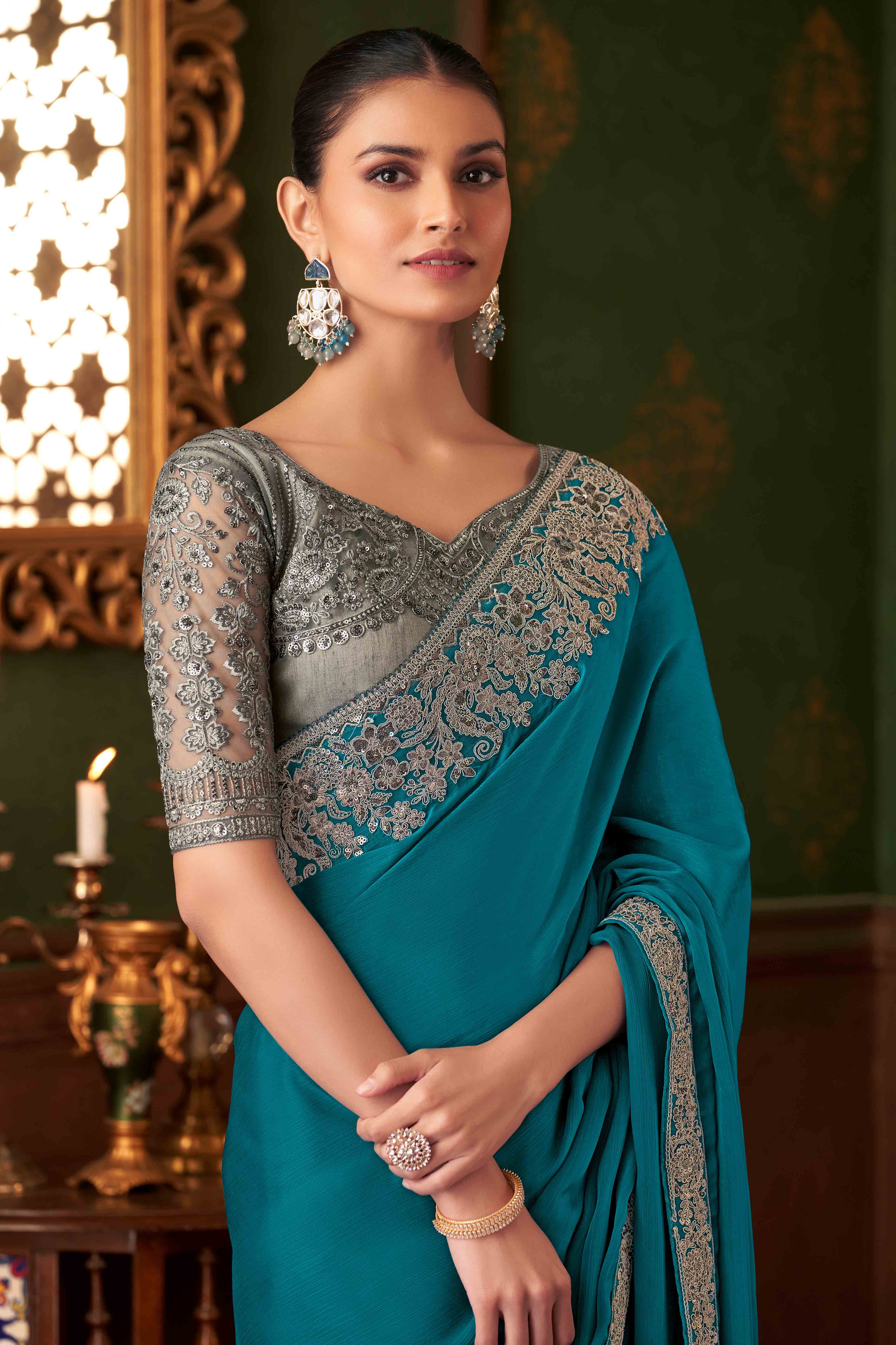 Teal Sequins Embroidered Chiffon Saree - Image 3