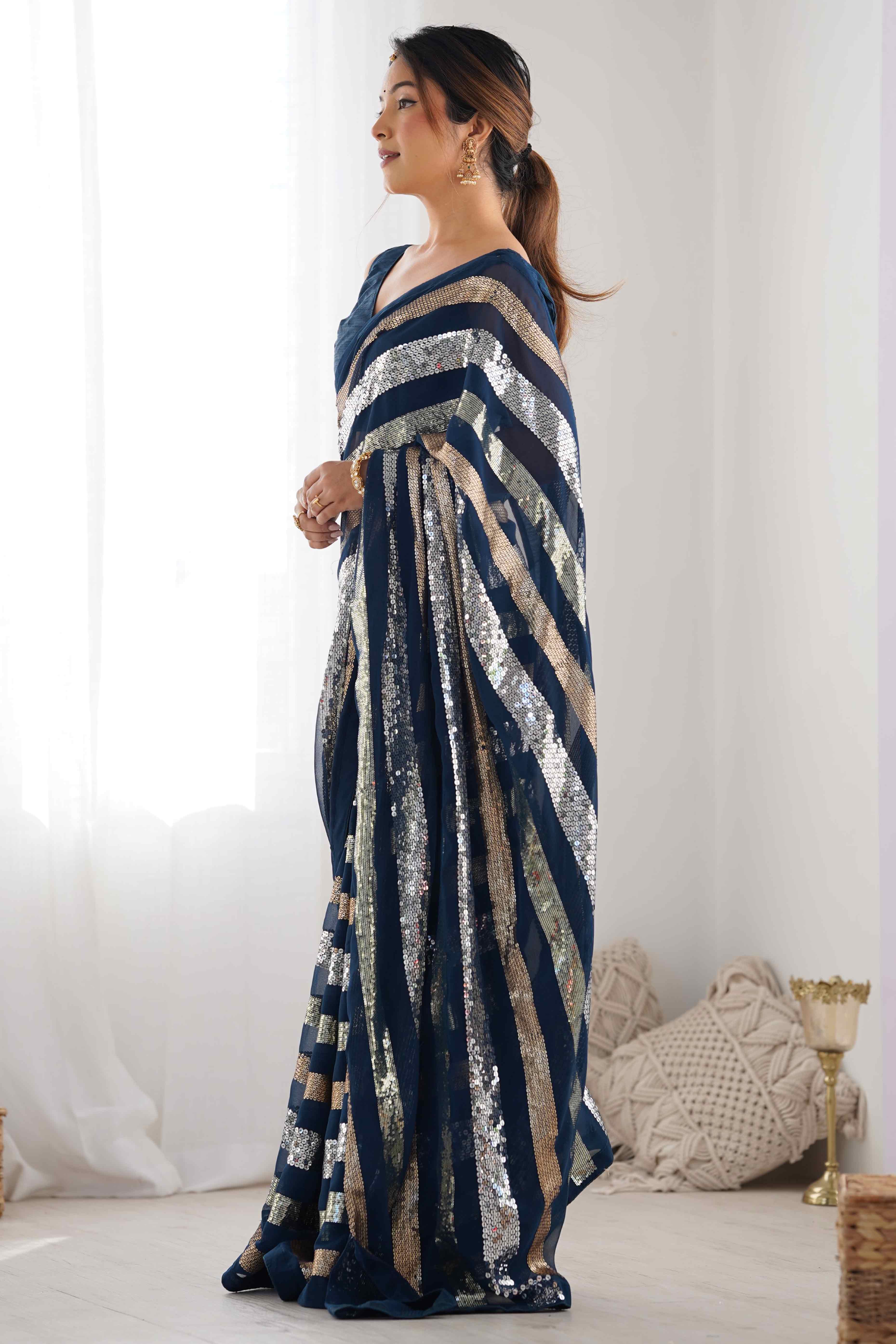 Teal Sequins Embroidered Georgette Saree - Image 6