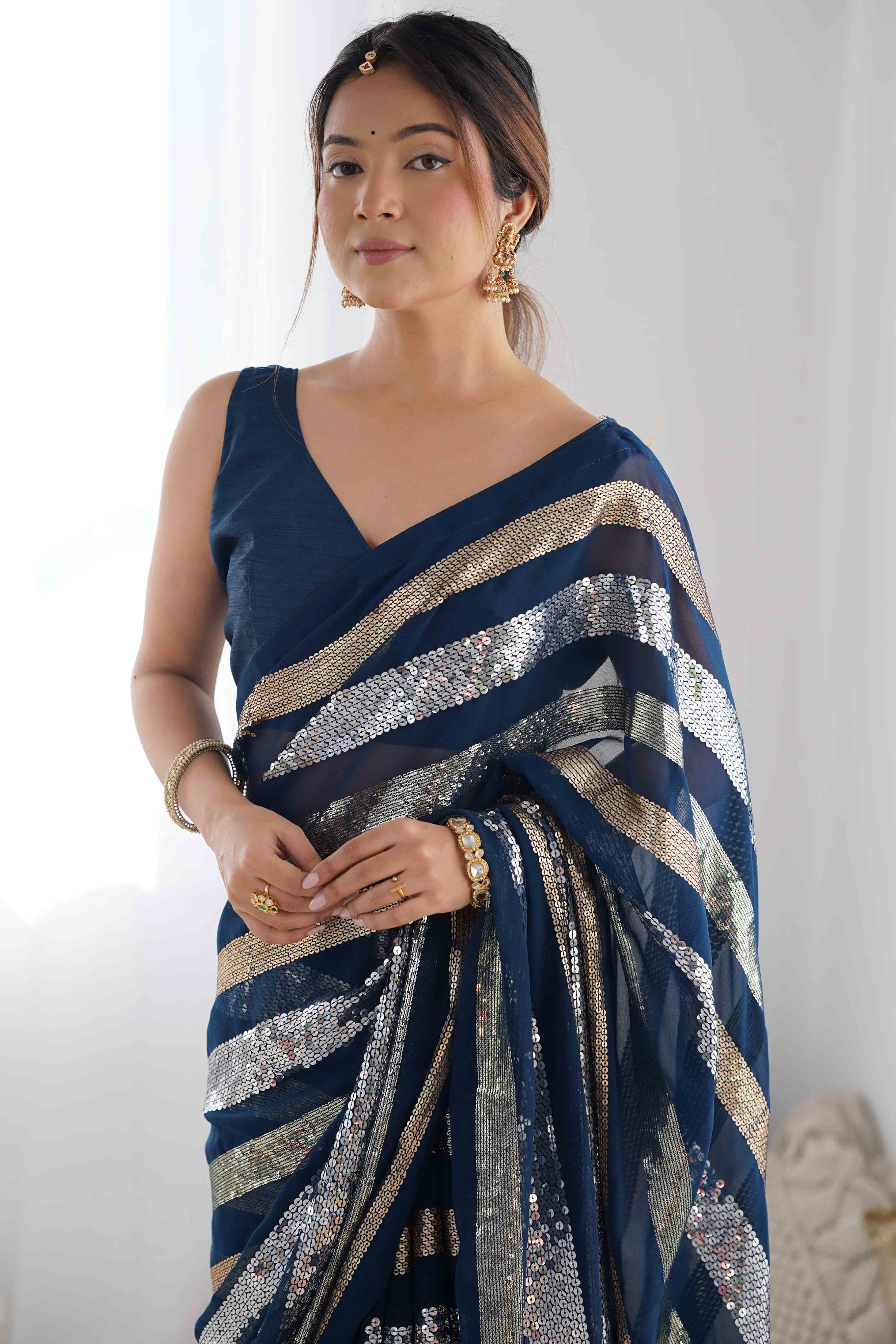 Teal Sequins Embroidered Georgette Saree - Image 8