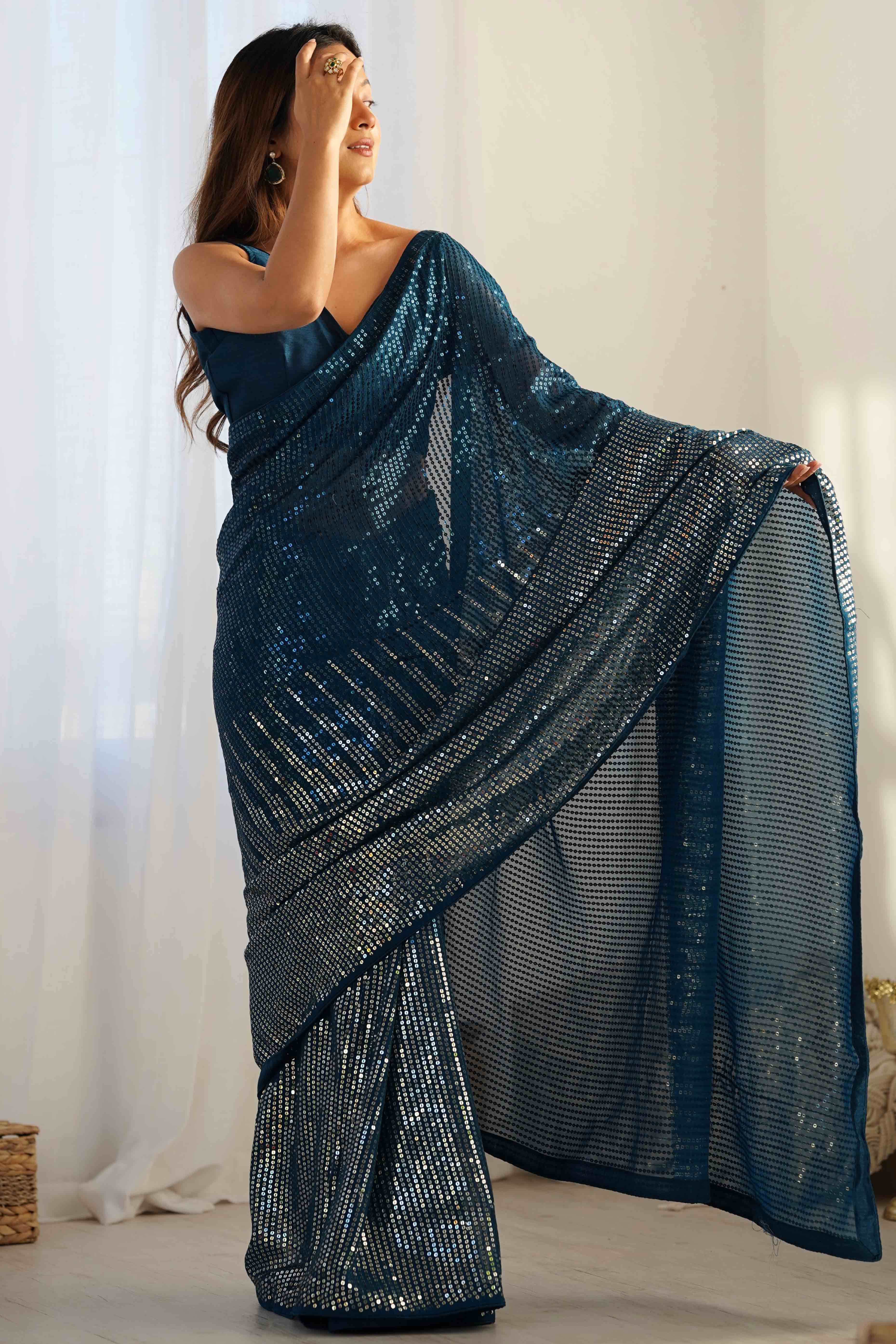 Teal Sequins Embroidered Georgette Saree - Image 4