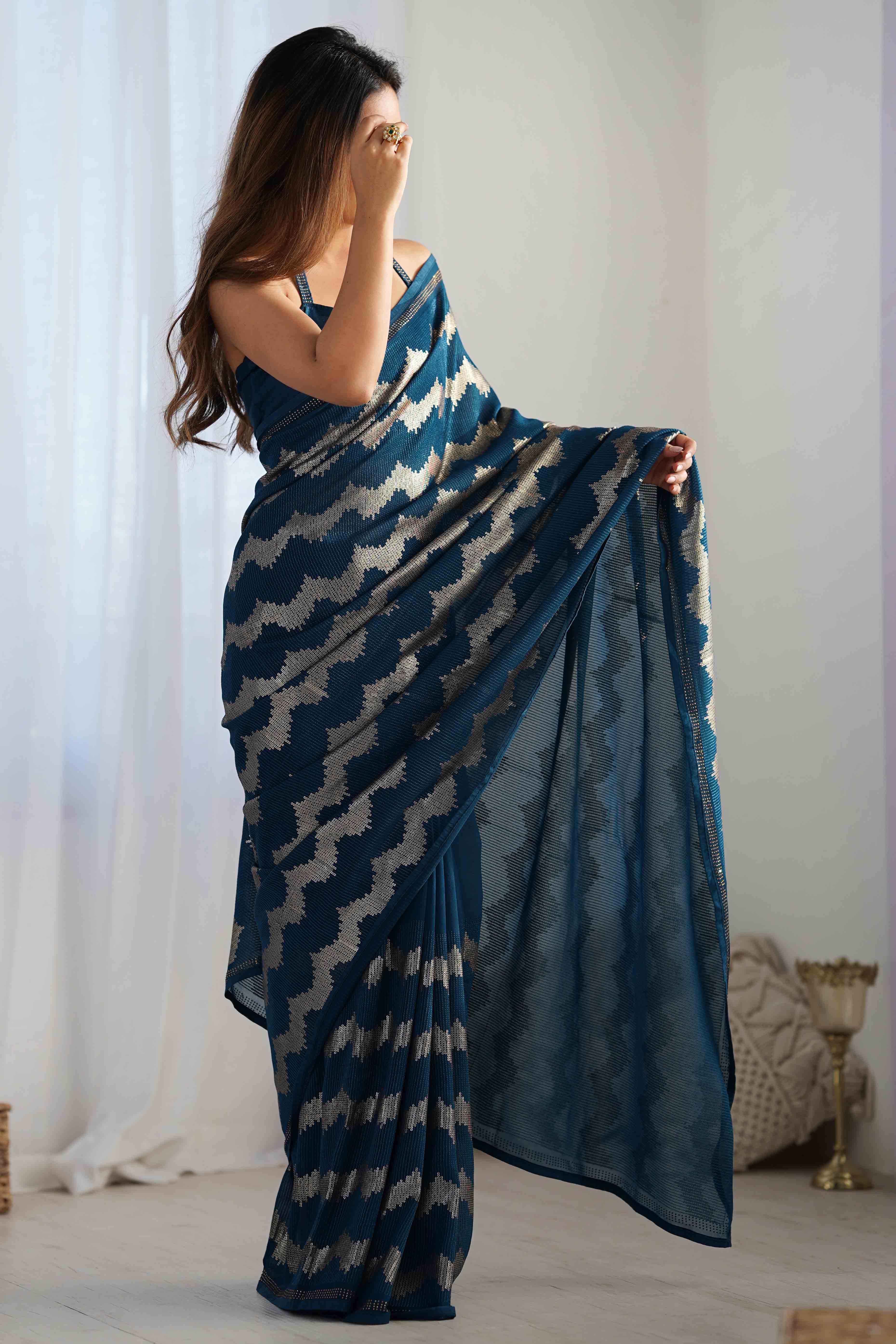 Teal Sequins Embroidered Georgette Saree - Image 4
