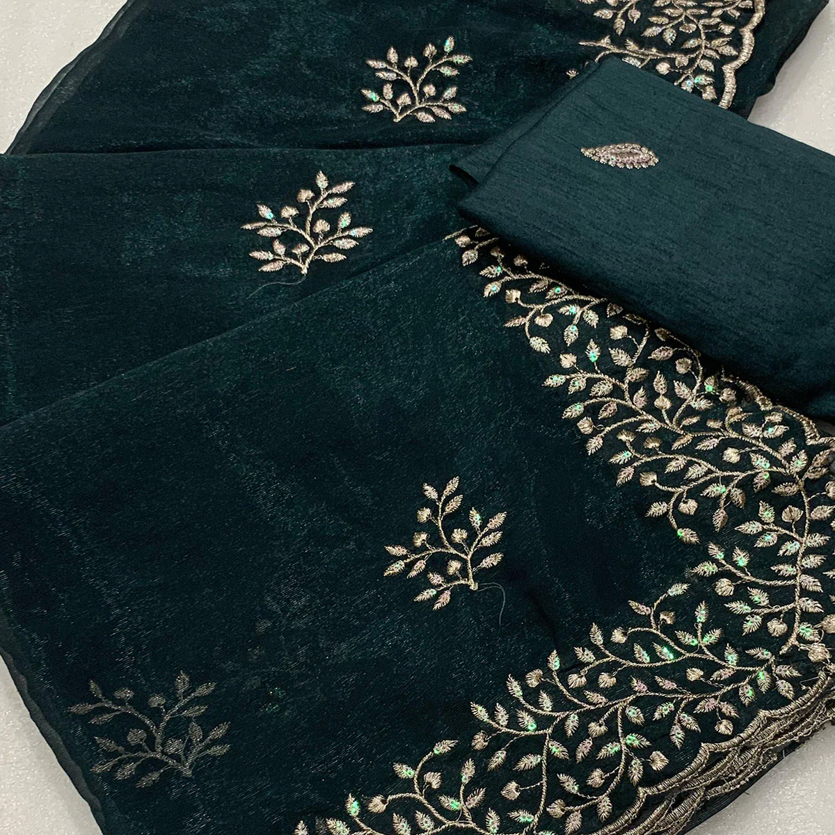 Teal Sequins Embroidered Shimmer Silk Saree - Image 2