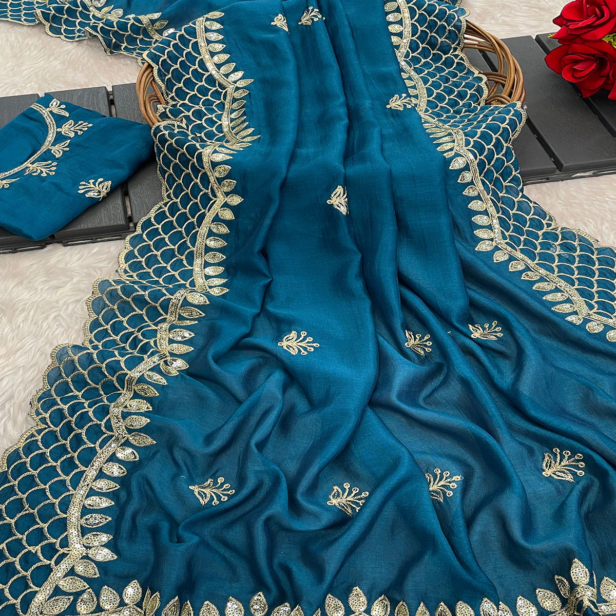 Teal Sequins Embroidered Vichitra Silk Saree - Image 2