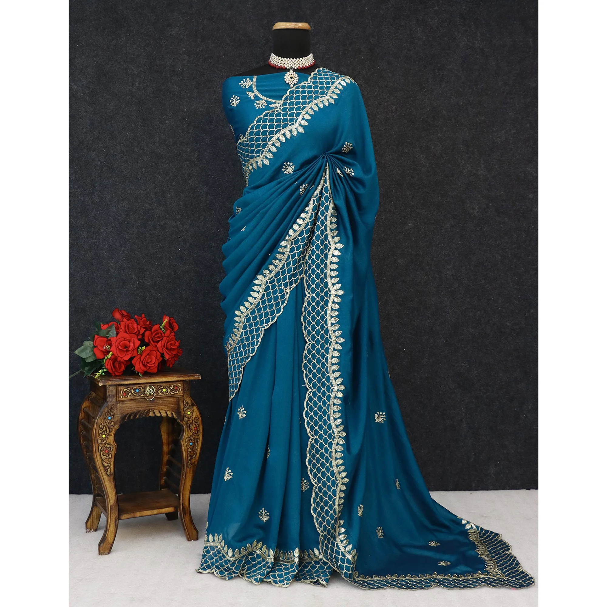 Teal Sequins Embroidered Vichitra Silk Saree - Image 4