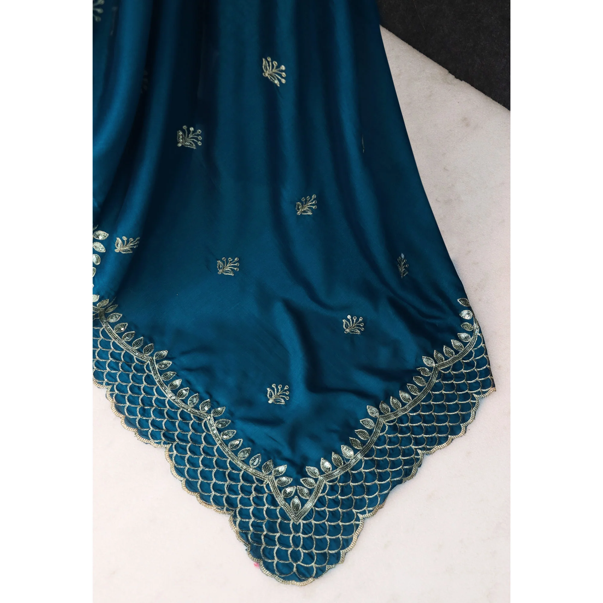 Teal Sequins Embroidered Vichitra Silk Saree - Image 6