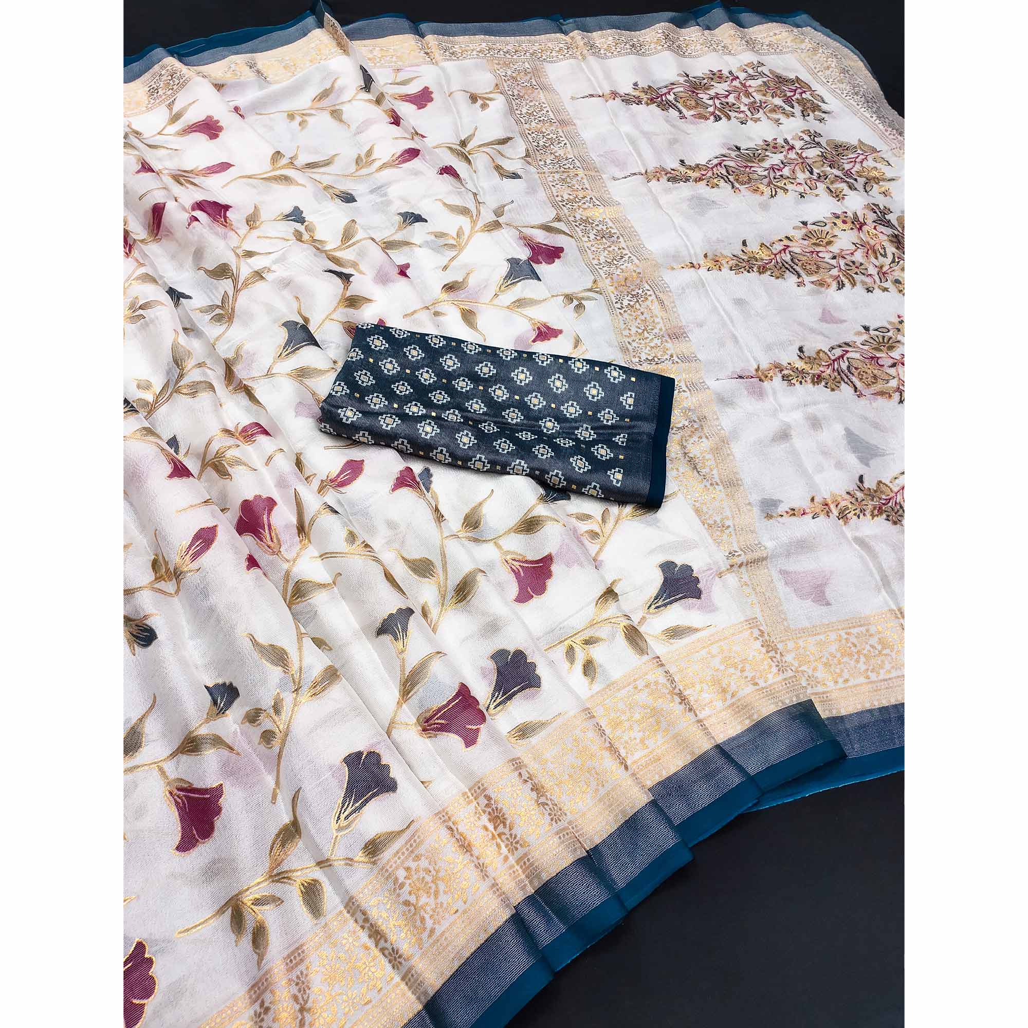 Teal Sheer Brasso Saree Embellished with Floral Foil Print - Image 3