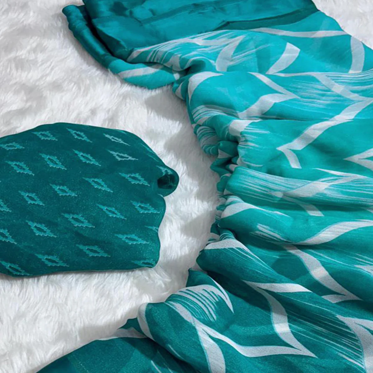 Teal Shibori Printed Chiffon Saree - Image 2