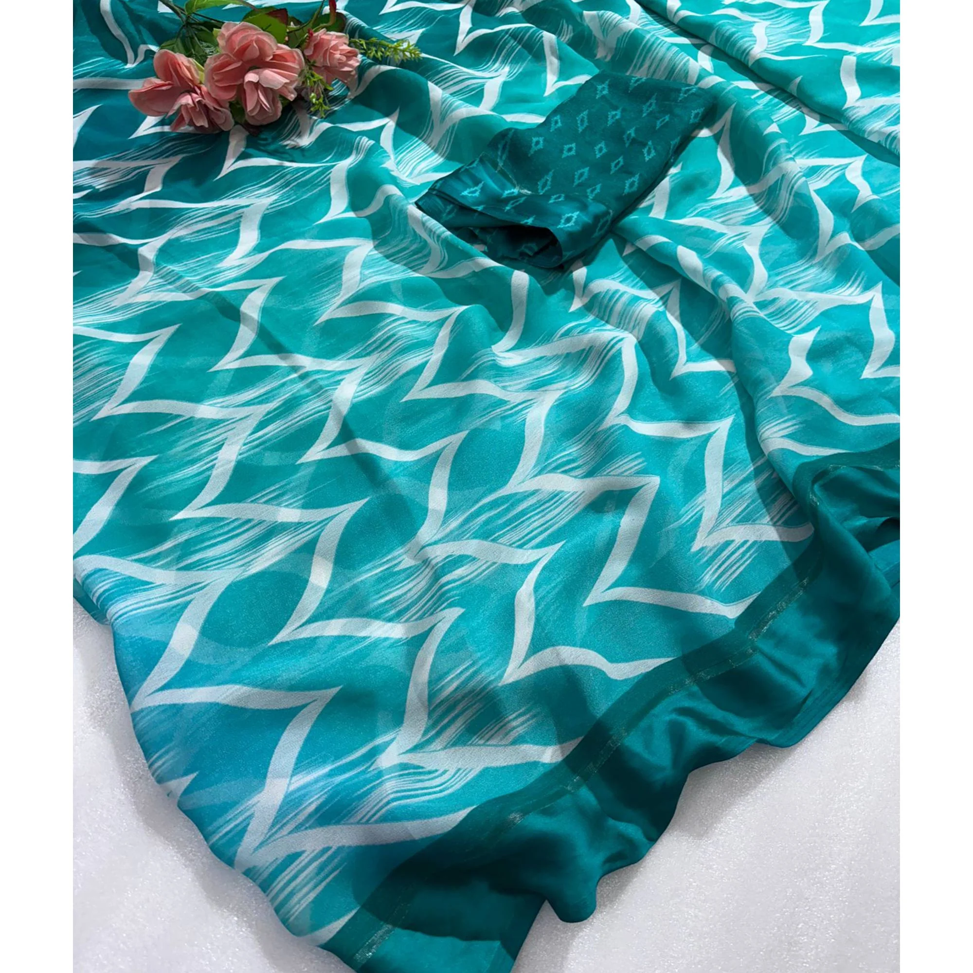 Teal Shibori Printed Chiffon Saree - Image 5