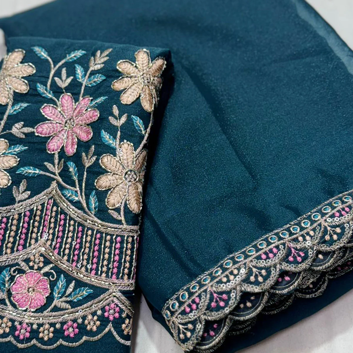 Teal Solid Georgette Saree With Embroidered Blouse Piece And Embroidered Border - Image 2