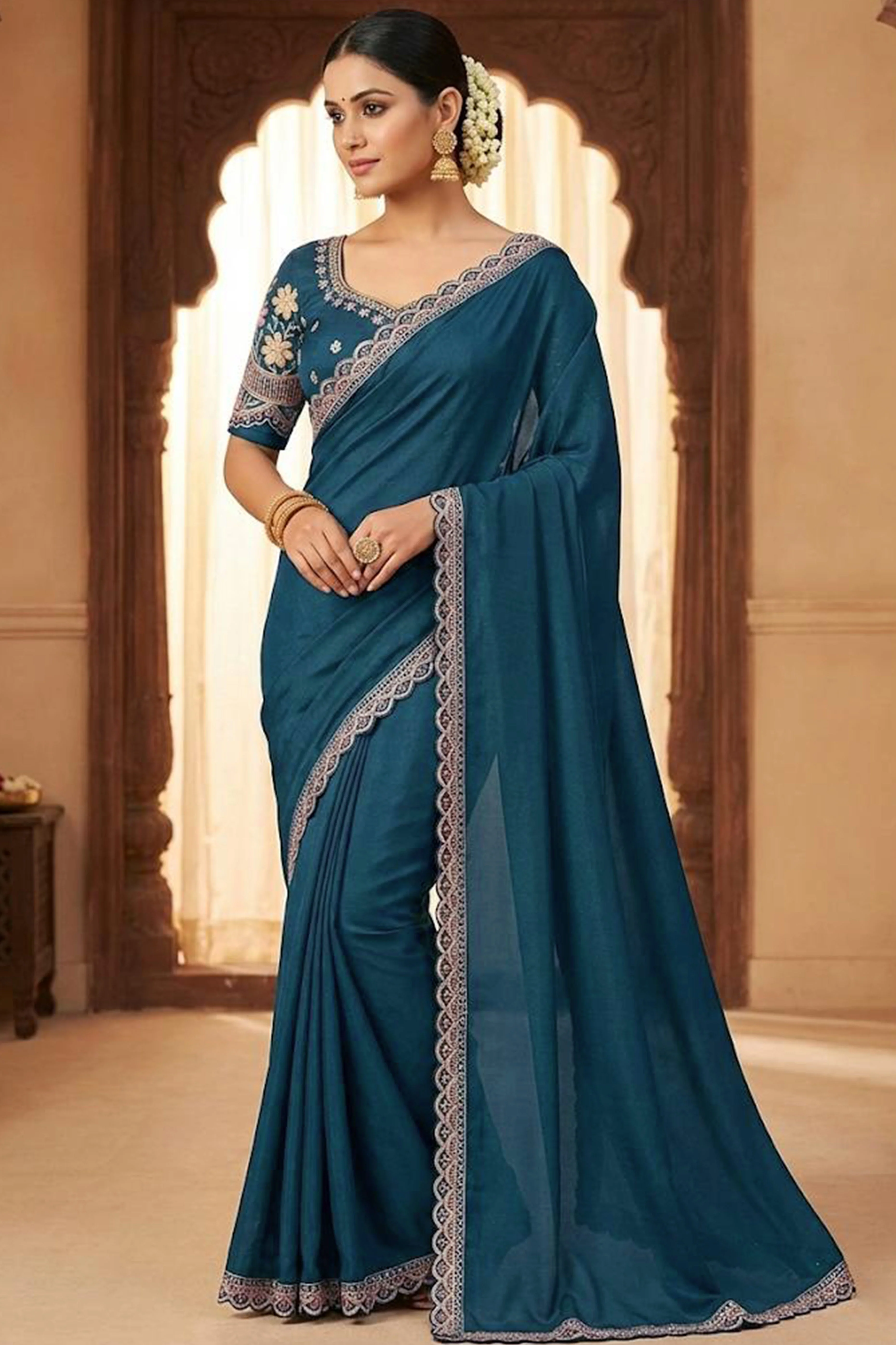 Teal Solid Georgette Saree With Embroidered Blouse Piece And Embroidered Border - Image 4
