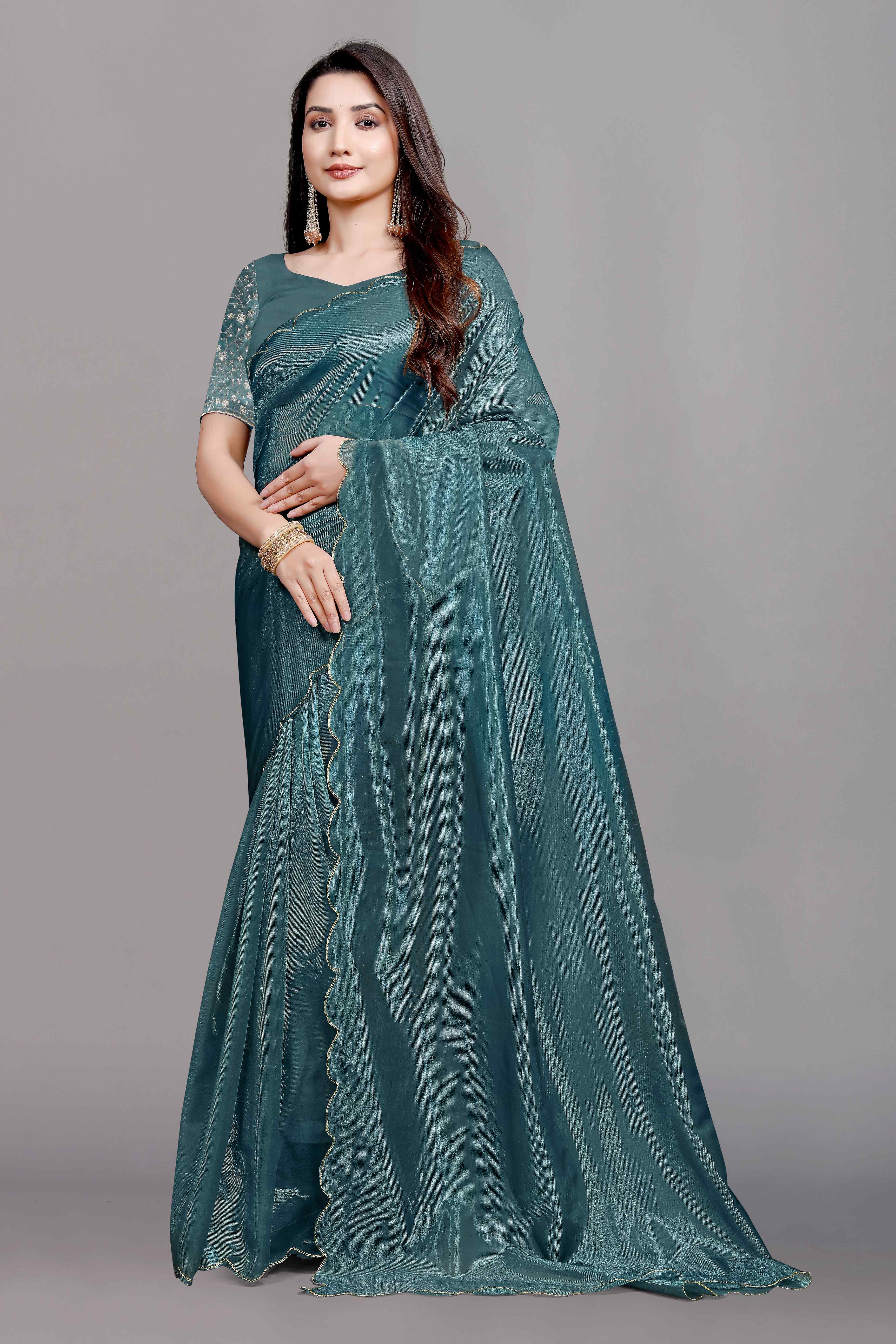 Teal Solid Net Saree With Zari Border - Image 4