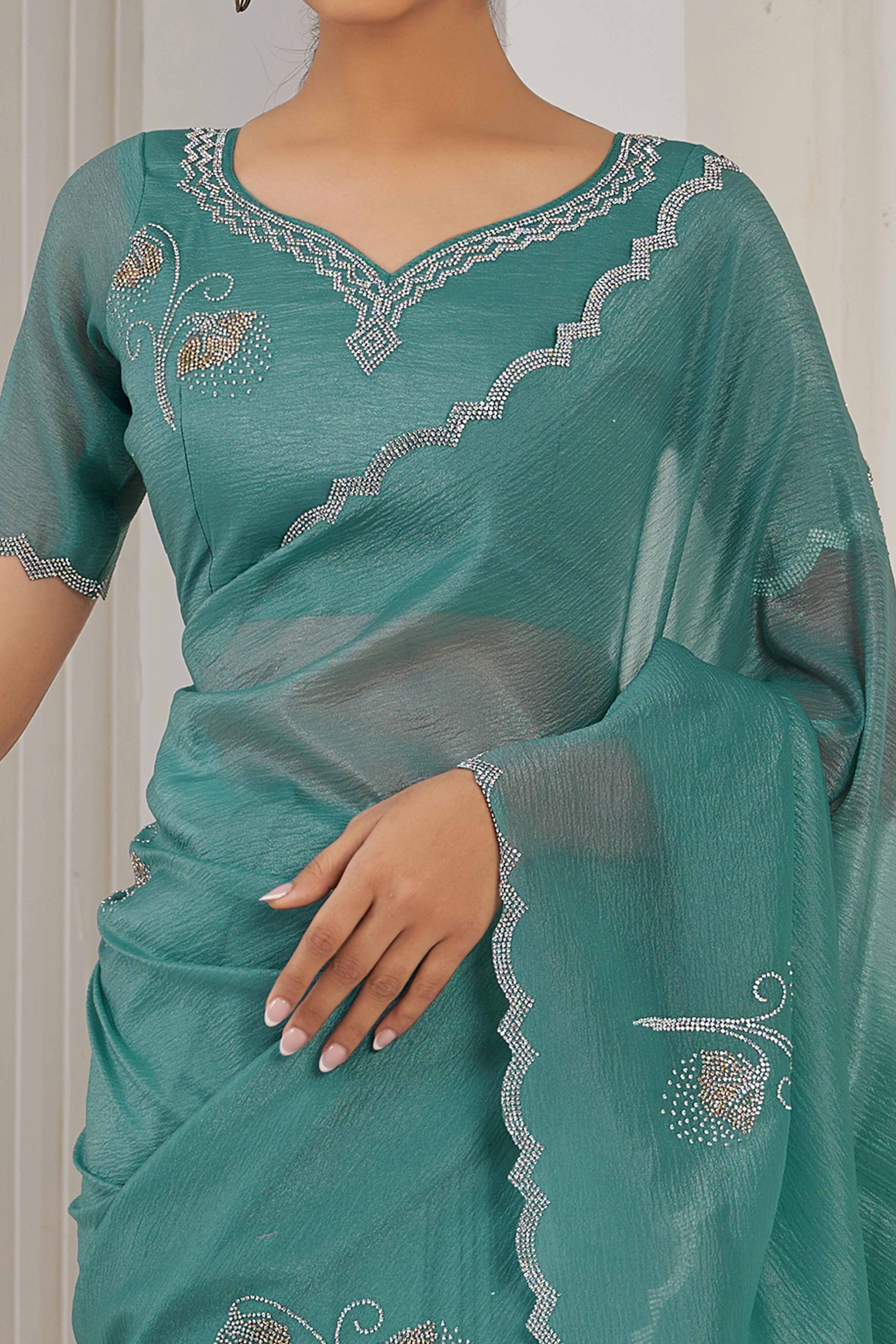 Teal Stone Work Embroidered Crepe Silk Saree - Image 2