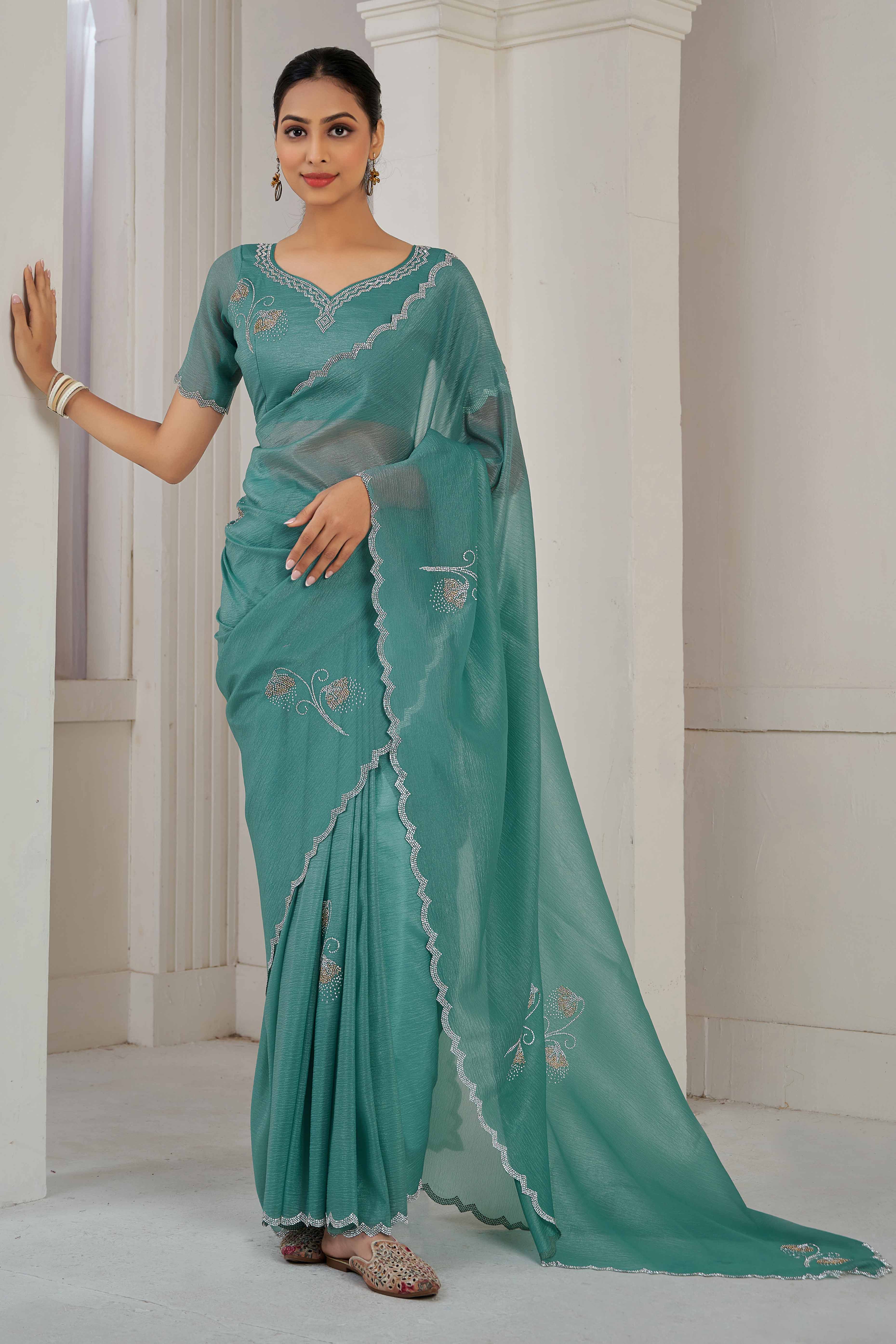 Teal Stone Work Embroidered Crepe Silk Saree - Image 3